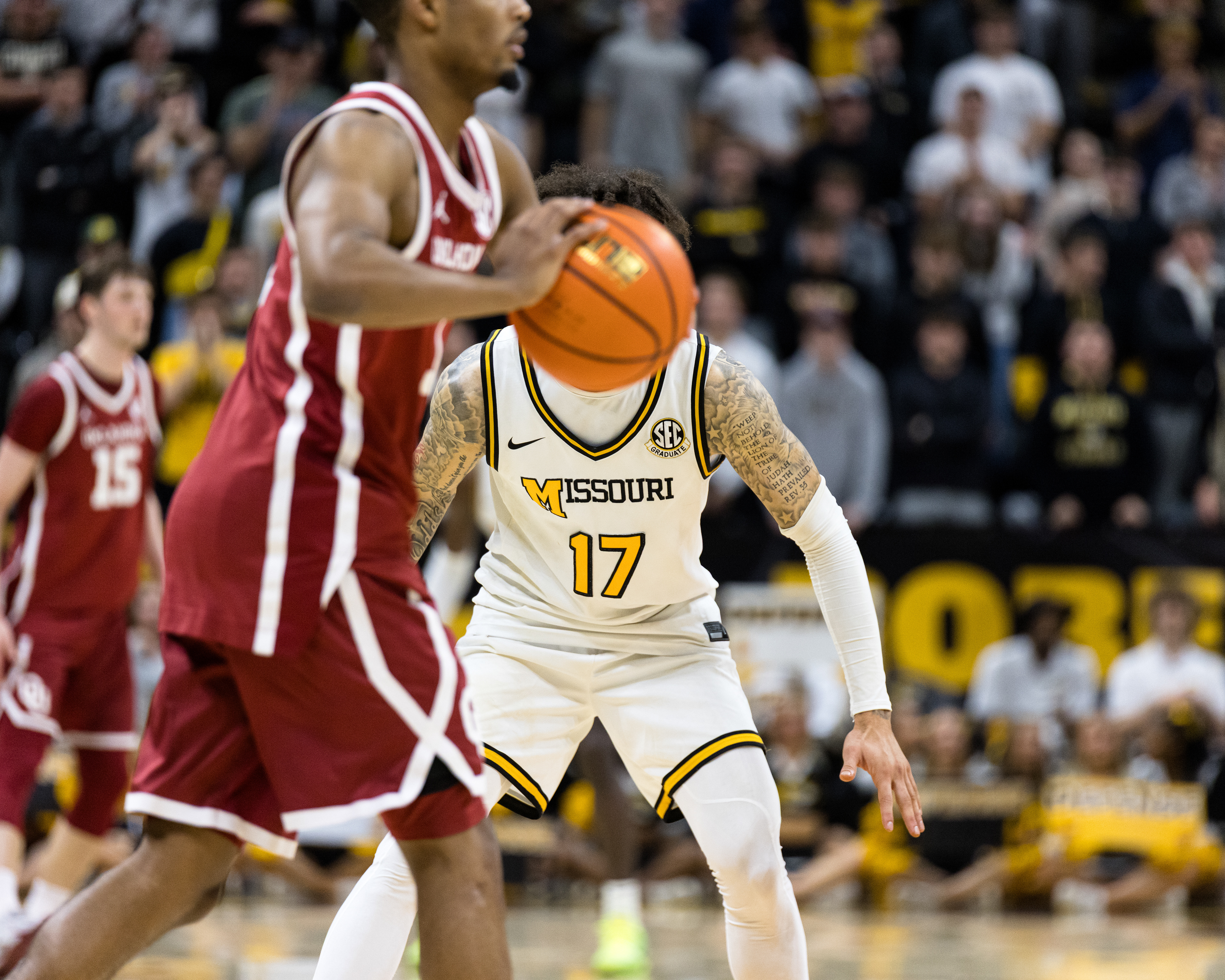 Mizzou guard Jayden Stone (17) plays defense at Mizzou Arena on January 24, 2026 in Columbia, Missouri.