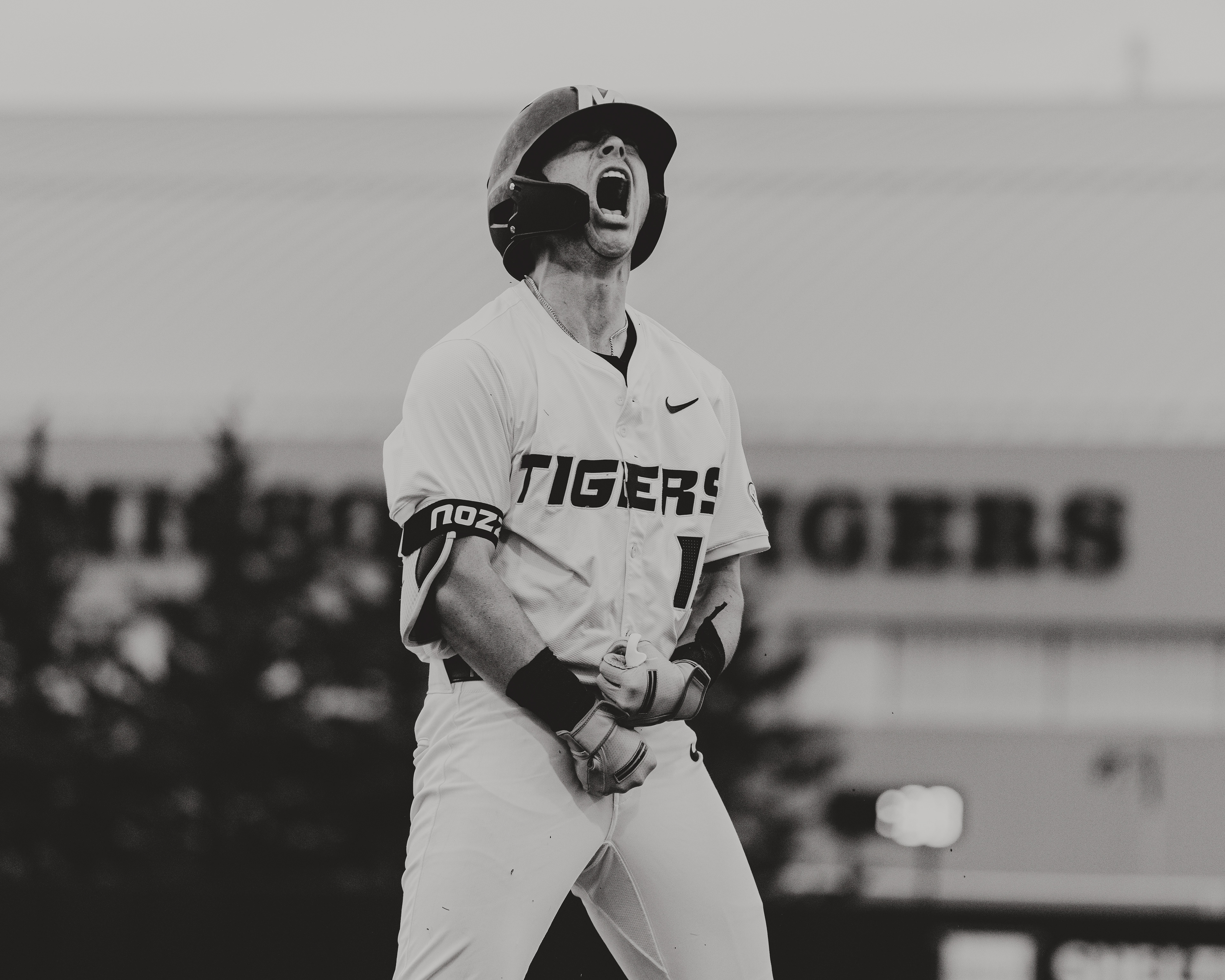 Blaize Ward celebrates after hitting a bases clearing double at Taylor Stadium on March 31, 2026 in Columbia, Missouri.