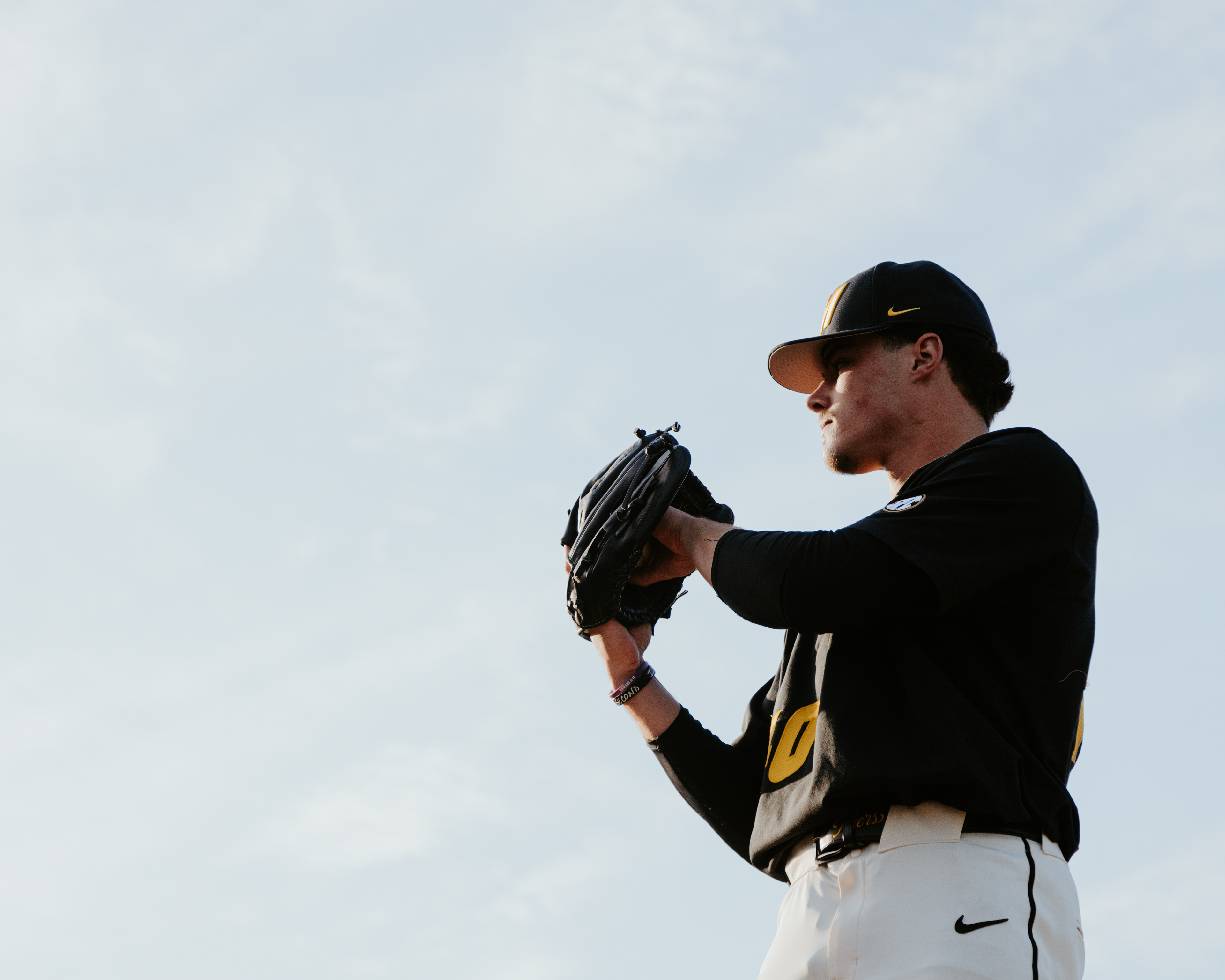 Brady Kehlenbrink comes set before delivering a pitch before a start at Taylor Stadium on February 28, 2026, in Columbia, Missouri.