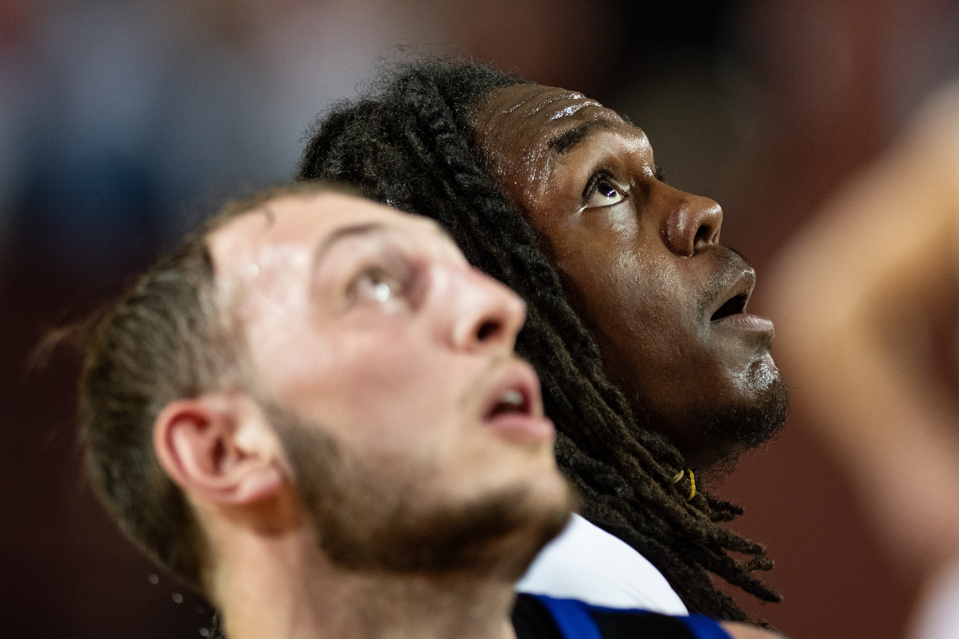 Central Michigan sophomore Quentin Heady (right) and Buffalo Bulls junior Noah Batchelor (left) both watch a free throw being made during a basketball game in McGuirk Arena, 360 E. Broomfield St., Mount Pleasant, Mich., Tuesday, Feb. 25, 2025. Heady scored two points for the Chippewas. 