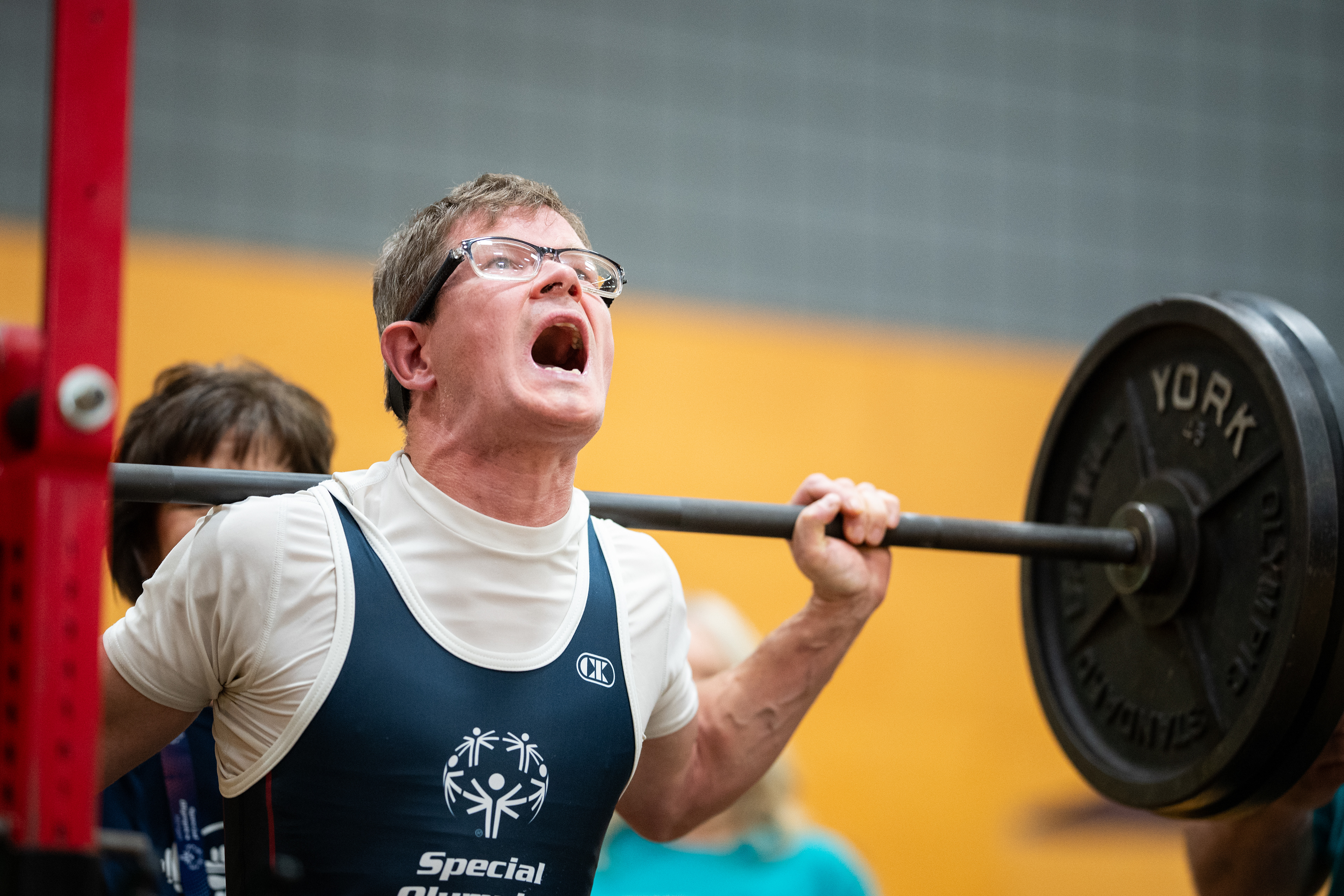 Athlete Ben Bednarz successfully squats 225 pounds during the weightlifting competition at the the Special Olympics State Summer Games in MAC Gym 2 in the Student Activity Center, Friday, May 30, 2025.