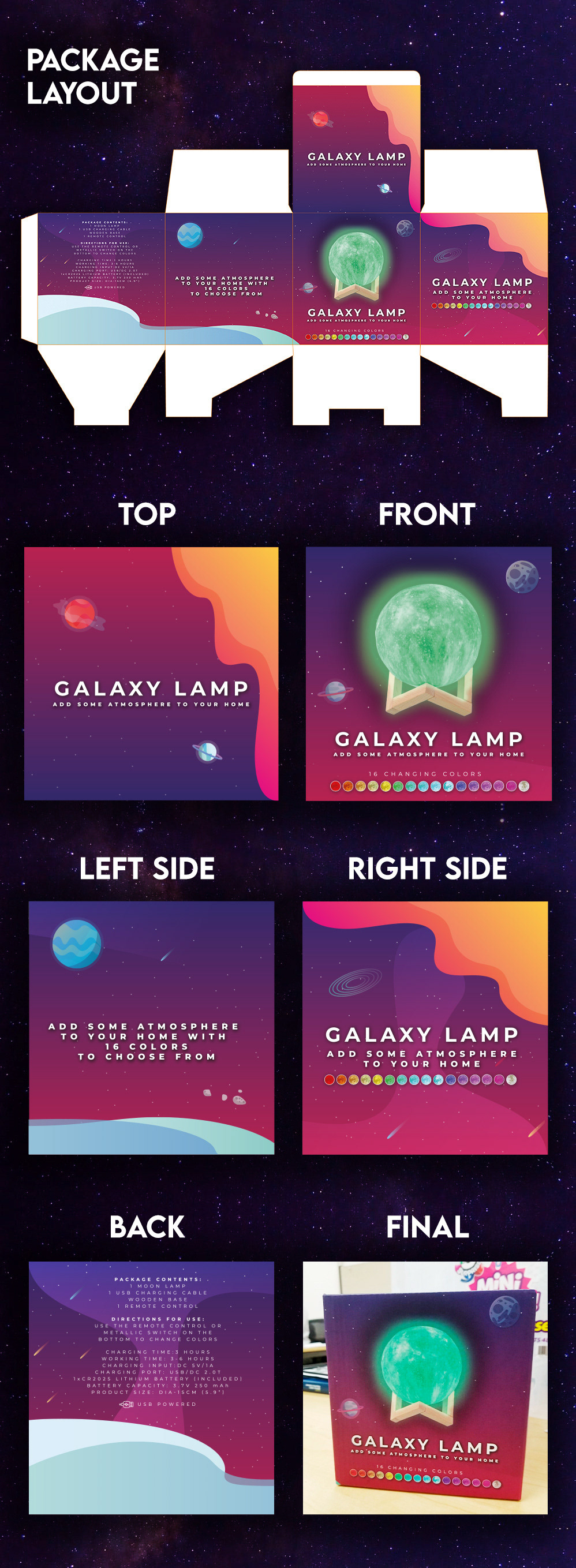 Packaging layout design for the "Galaxy Lamp" product