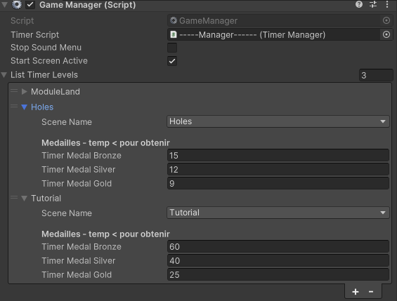 Tableau de données des temps Médailles à renseigner dans l'inspecteur
