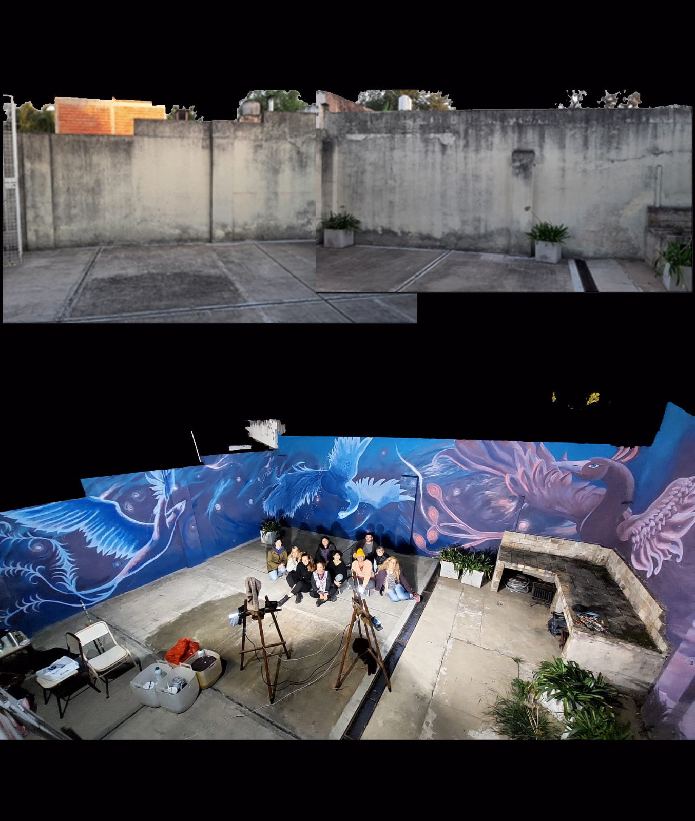 Proceso del mural, antes y después.