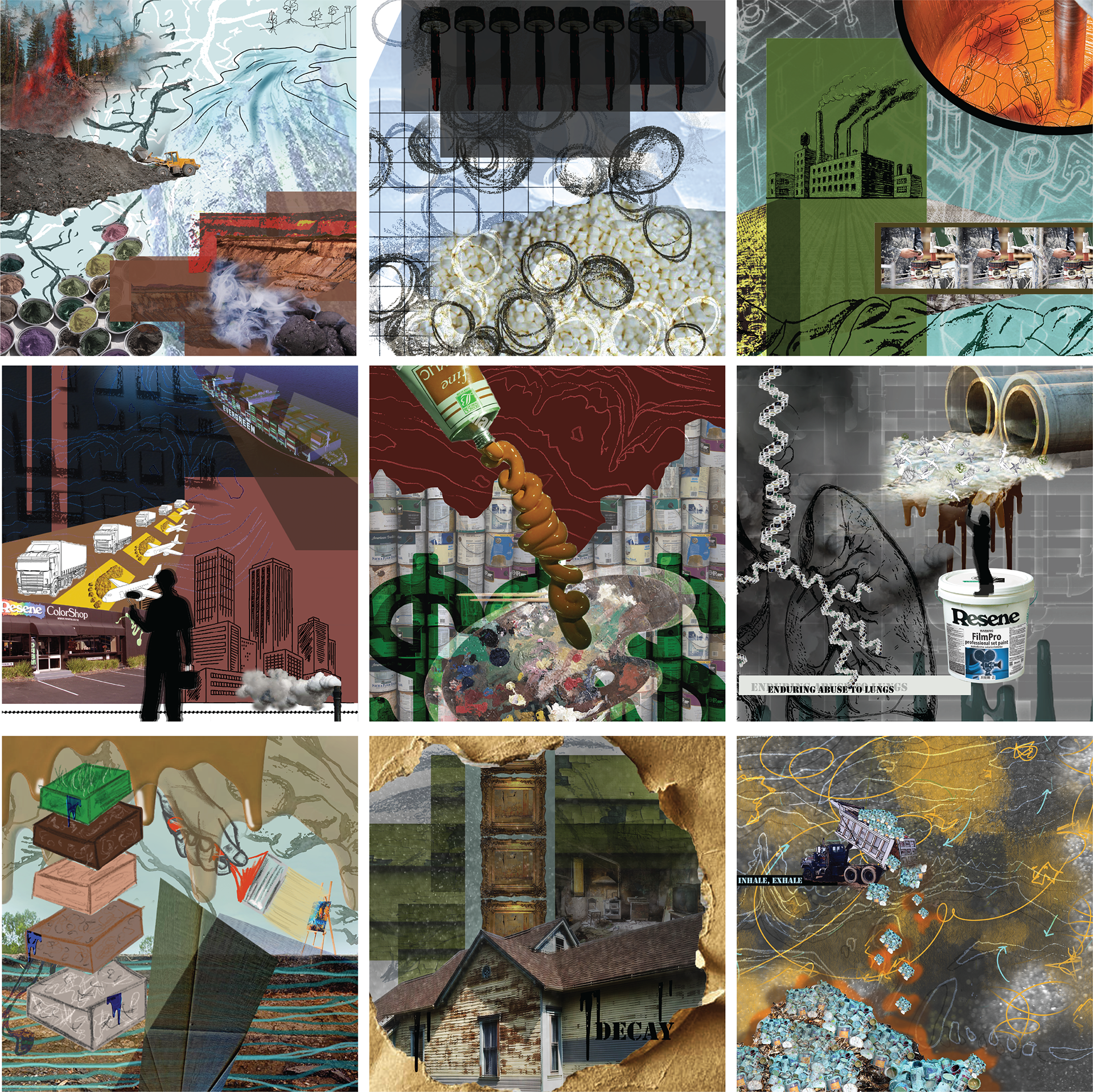 Series of patchmaps detailing the life cycle process of Resene water based acrylic paint. A way to generate ideation and begin to question ways of material reuse.