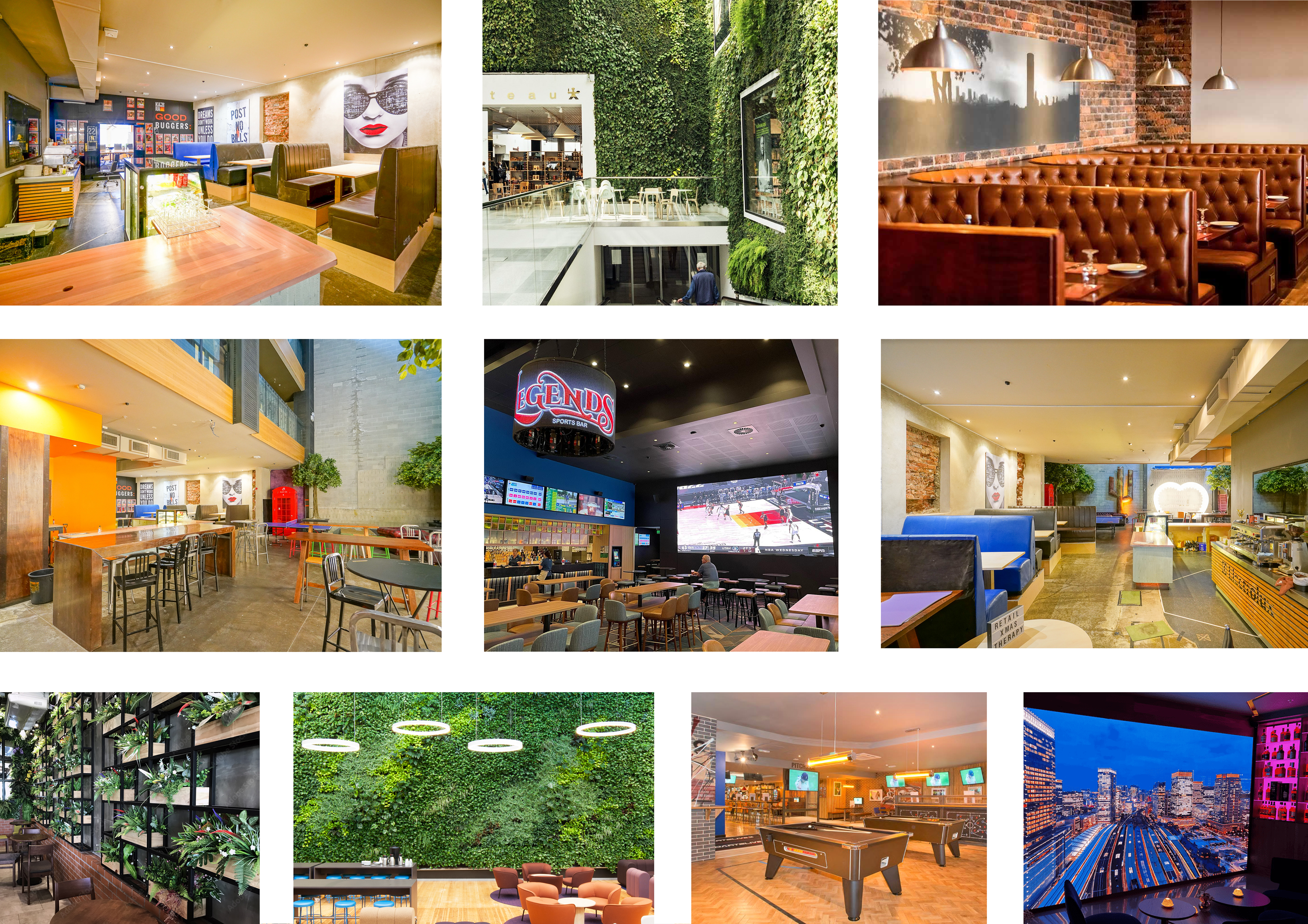 Ground floor entertainment and games area and bar. Featuring a green wall and large LED screen.