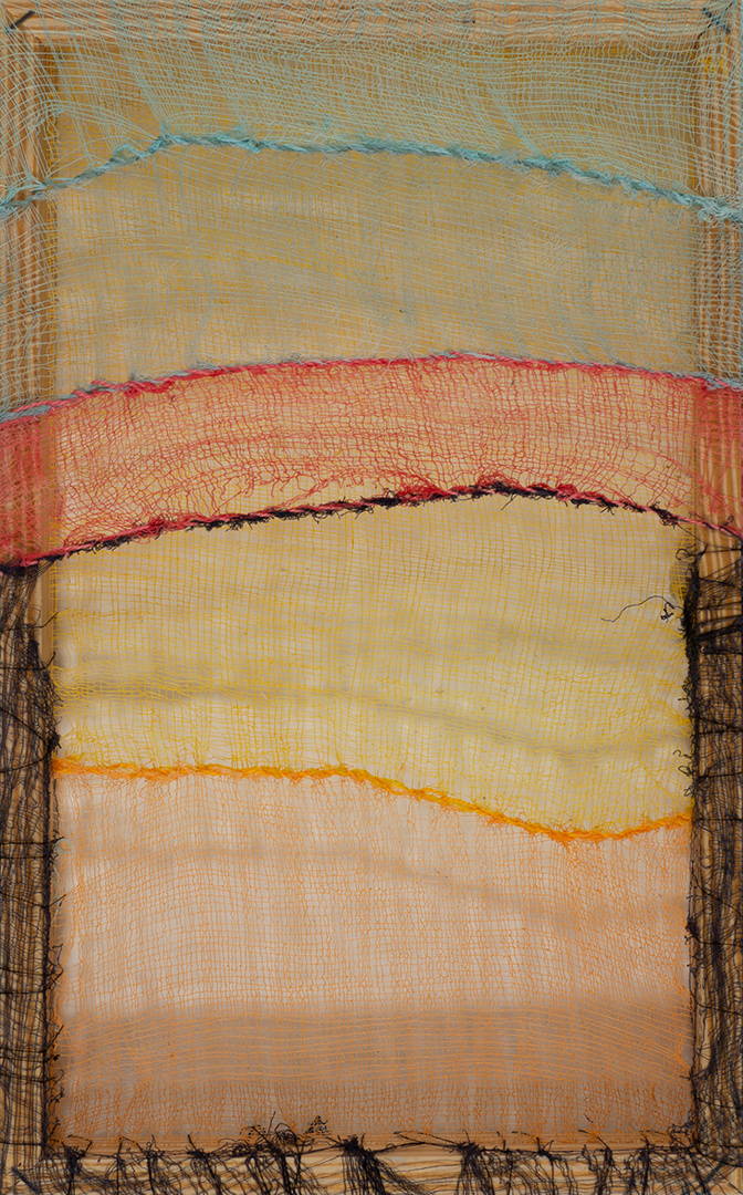 Curtain (2023) 9 x 14", hand-dyed cheesecloth and thread, stretched over pine frame