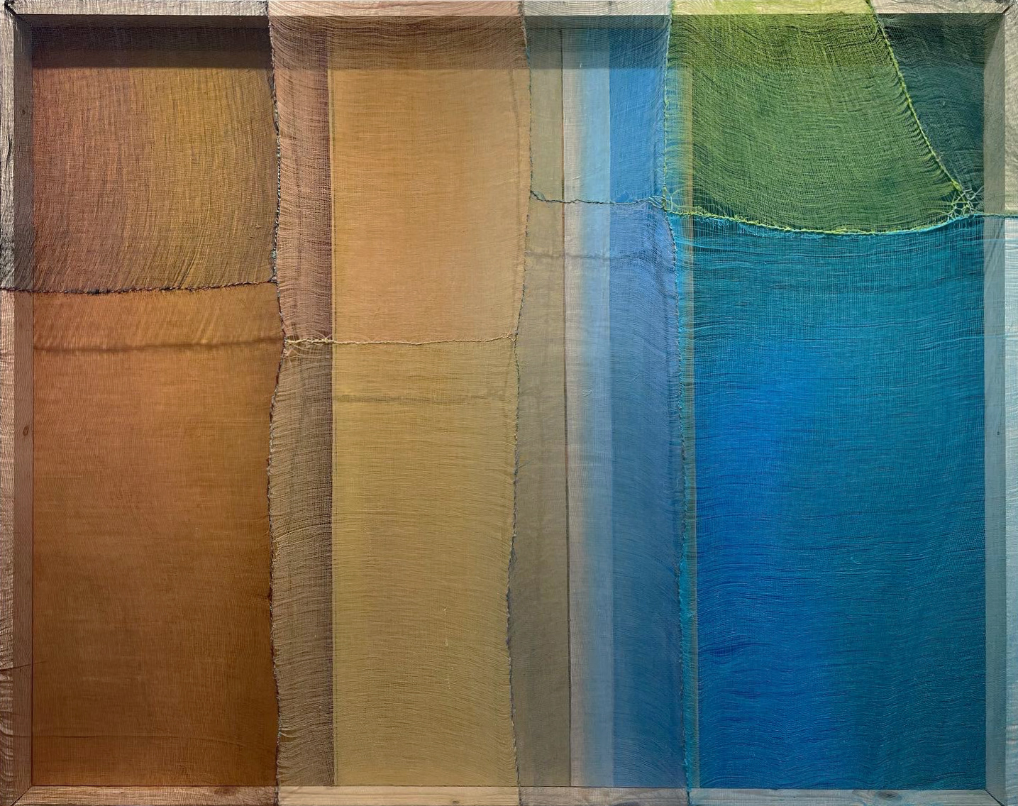 Sun Room (2023) 50 x 42", Hand-dyed cheesecloth and thread, oil on birch