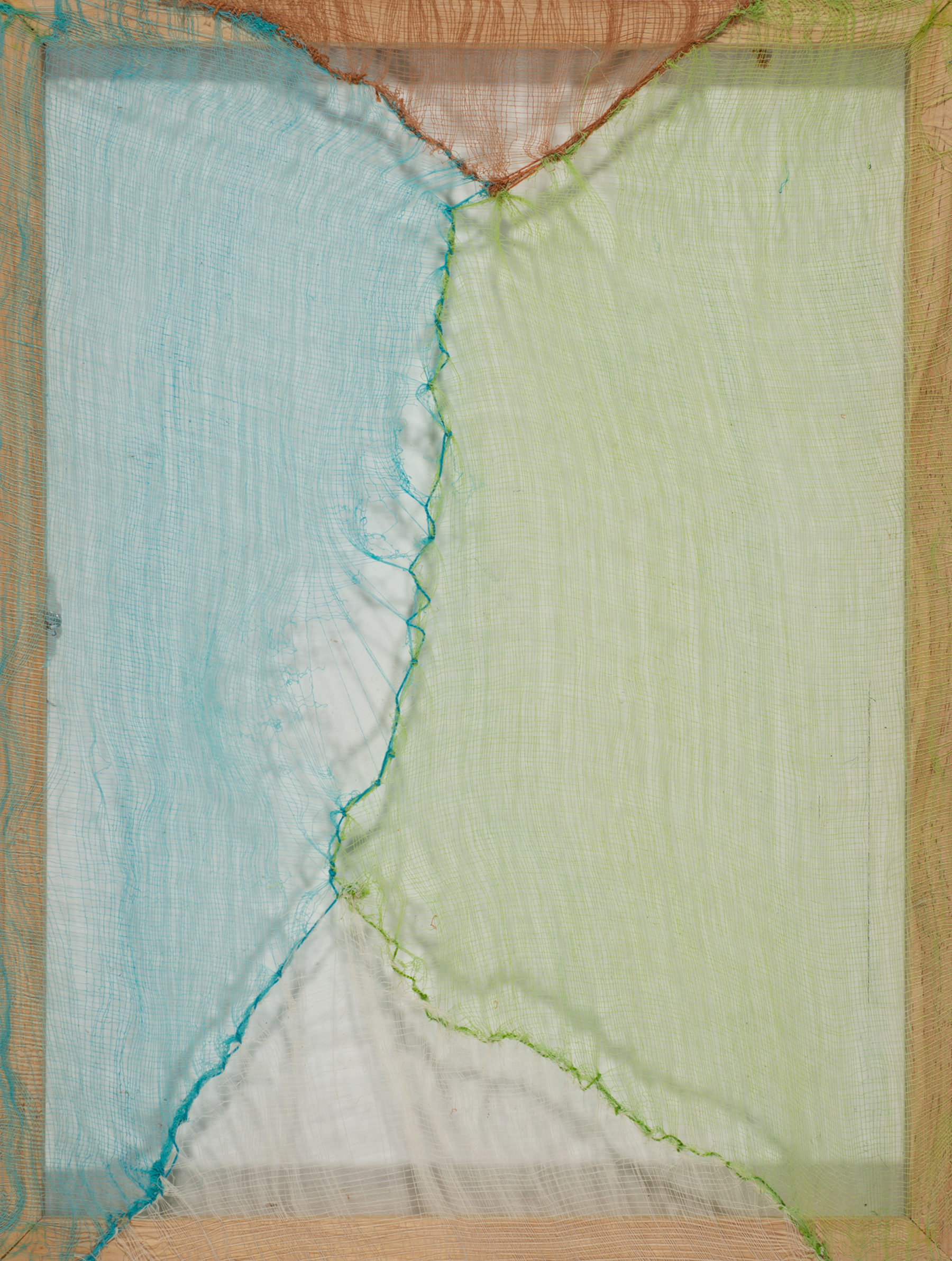 Hanover (2023), Hand-dyed cheesecloth and thread, stretched over pine frame, 15 x 21"
