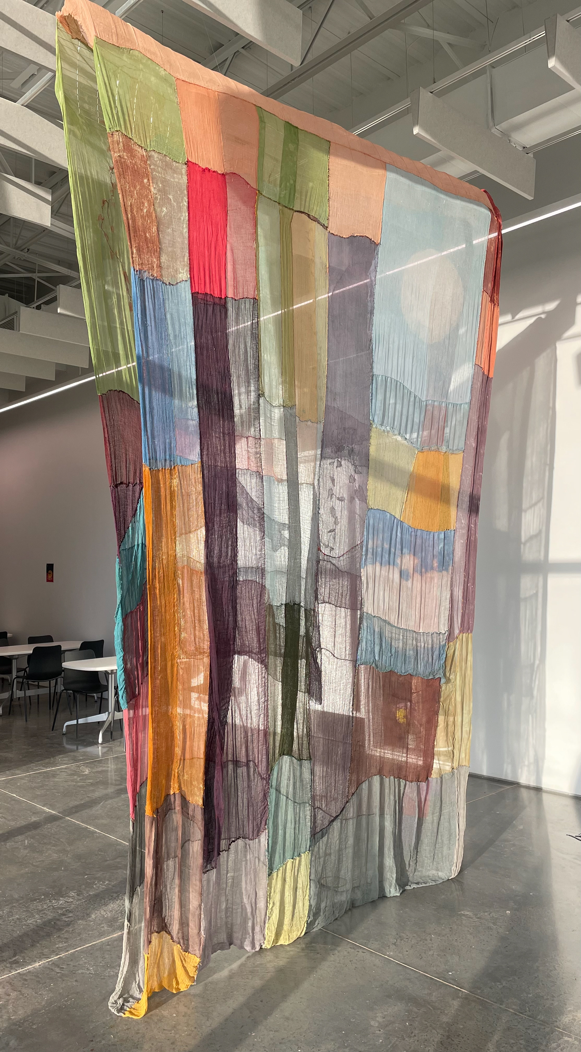 Rapsfält landsape (2024) 8' x 13', hand-dyed cheesecloth and thread