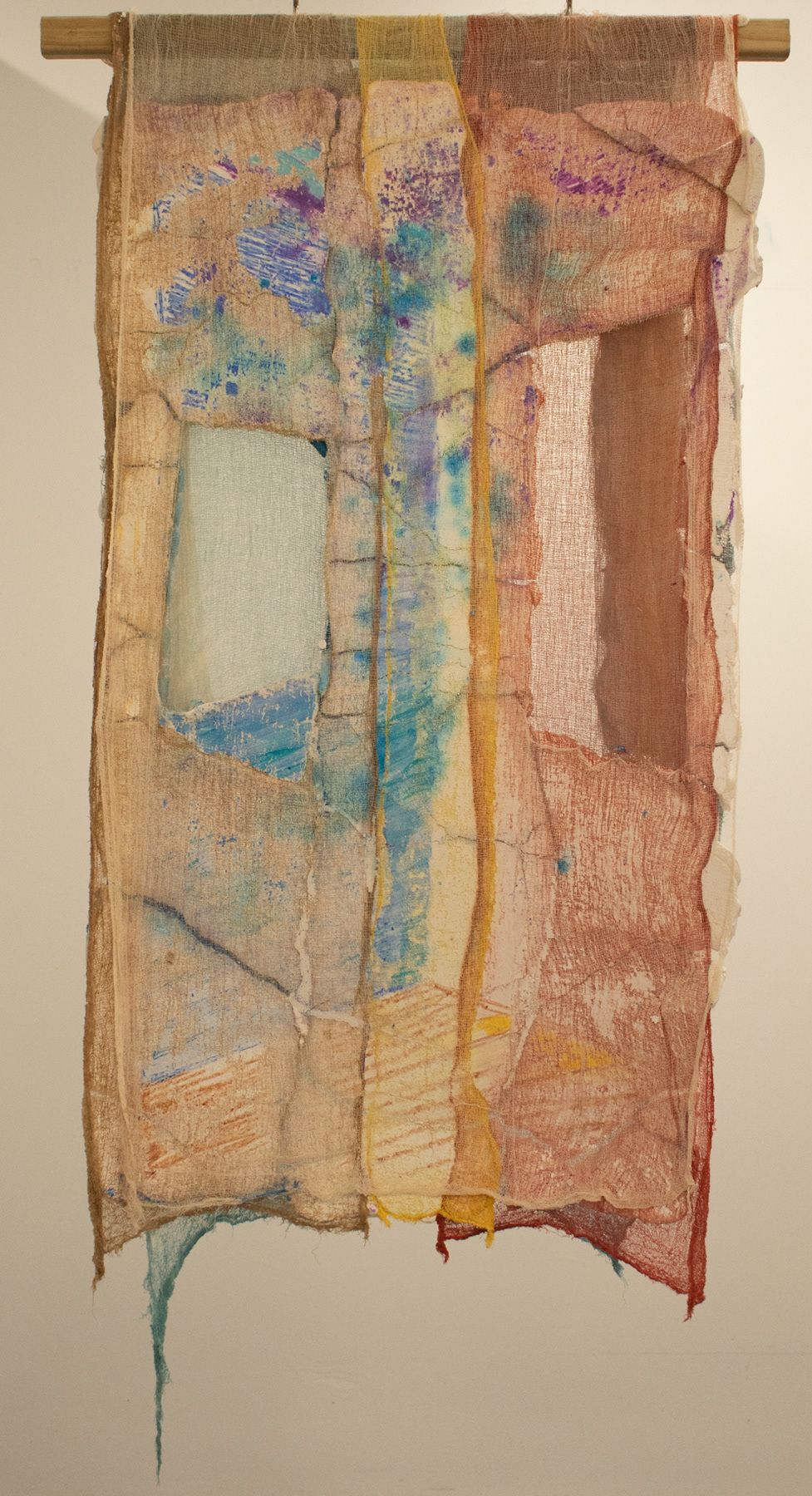 Stalling side II (2023) Hand-dyed cheesecloth, plaster, water soluble crayons, 32 x 54"