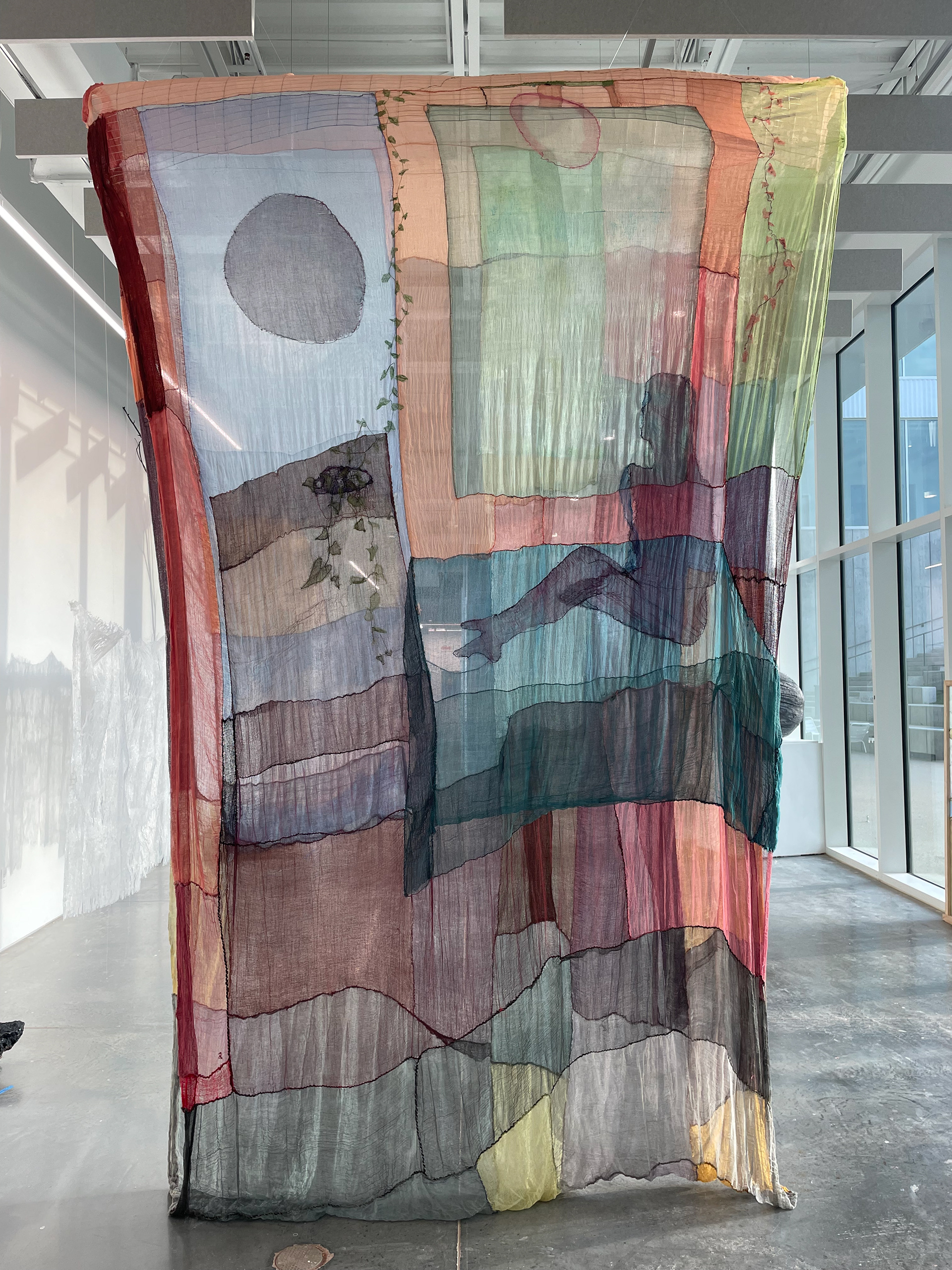 Rapsfält room (2024) 8' x 13', hand-dyed cheesecloth and thread