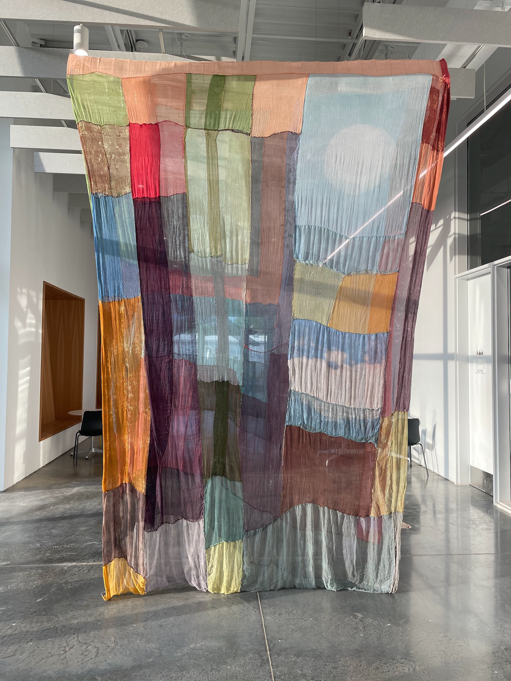 Rapsfält landsape (2024) 8' x 13', hand-dyed cheesecloth and thread