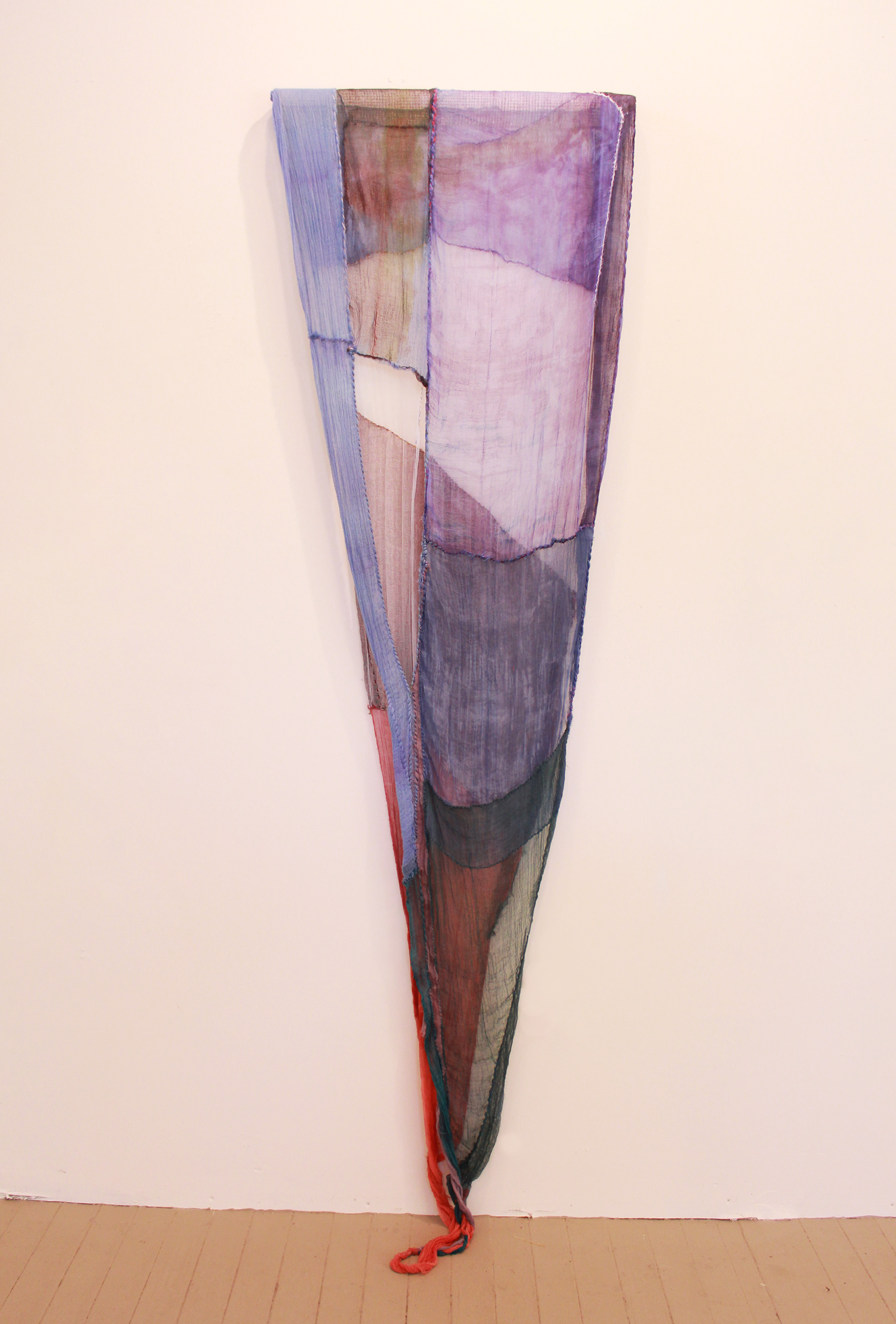Det fanns aldrig ett... (2024) Hand-dyed cheescloth, thread, acrylic paint,24 x 72" 
