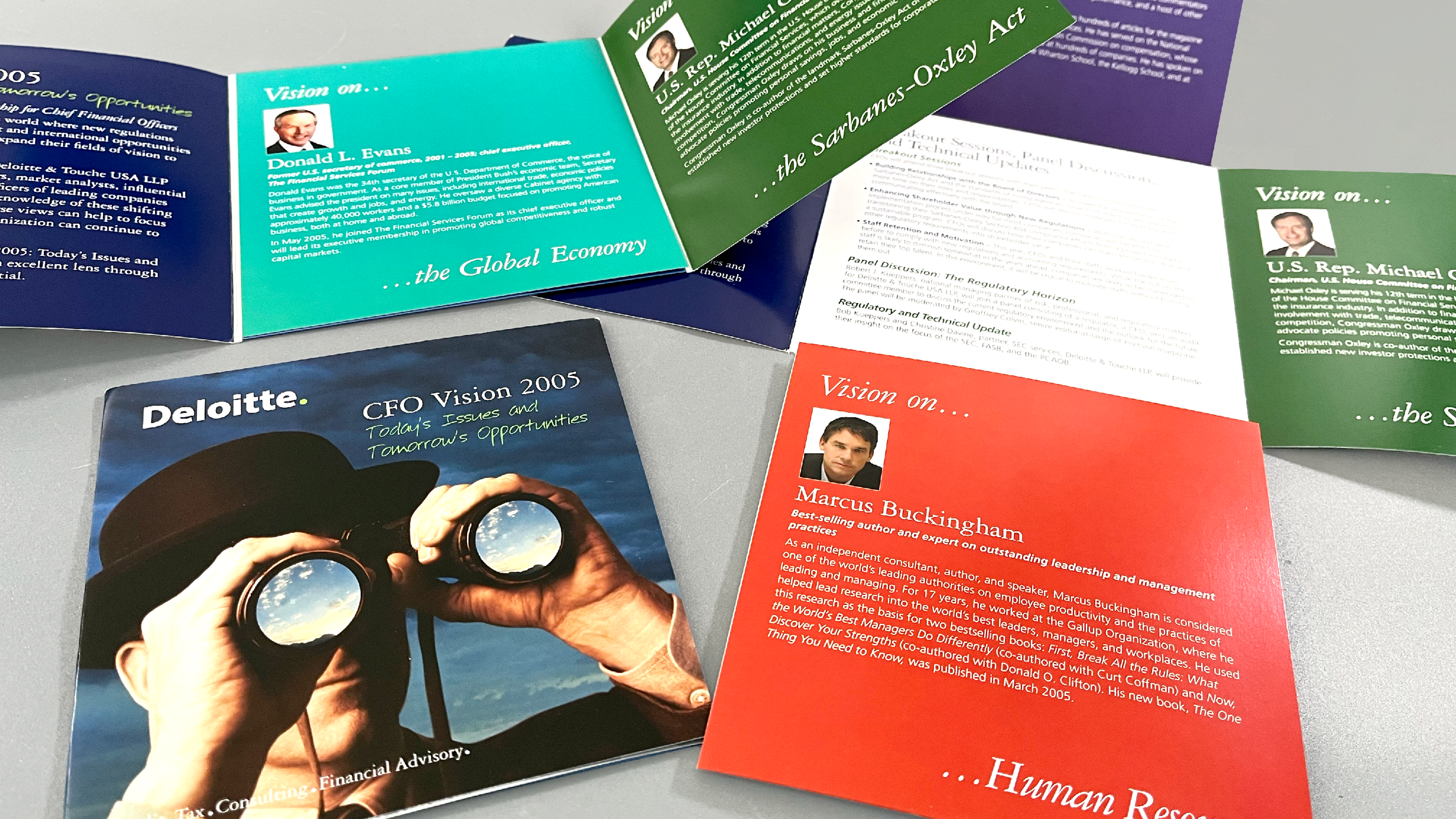 Created the new name of the conference changing it to CFO Vision -which it still is named. Had to move from the Craig Fraser illustrations as Deloitte branding changed. Utilized interesting die cutting and fold outs.