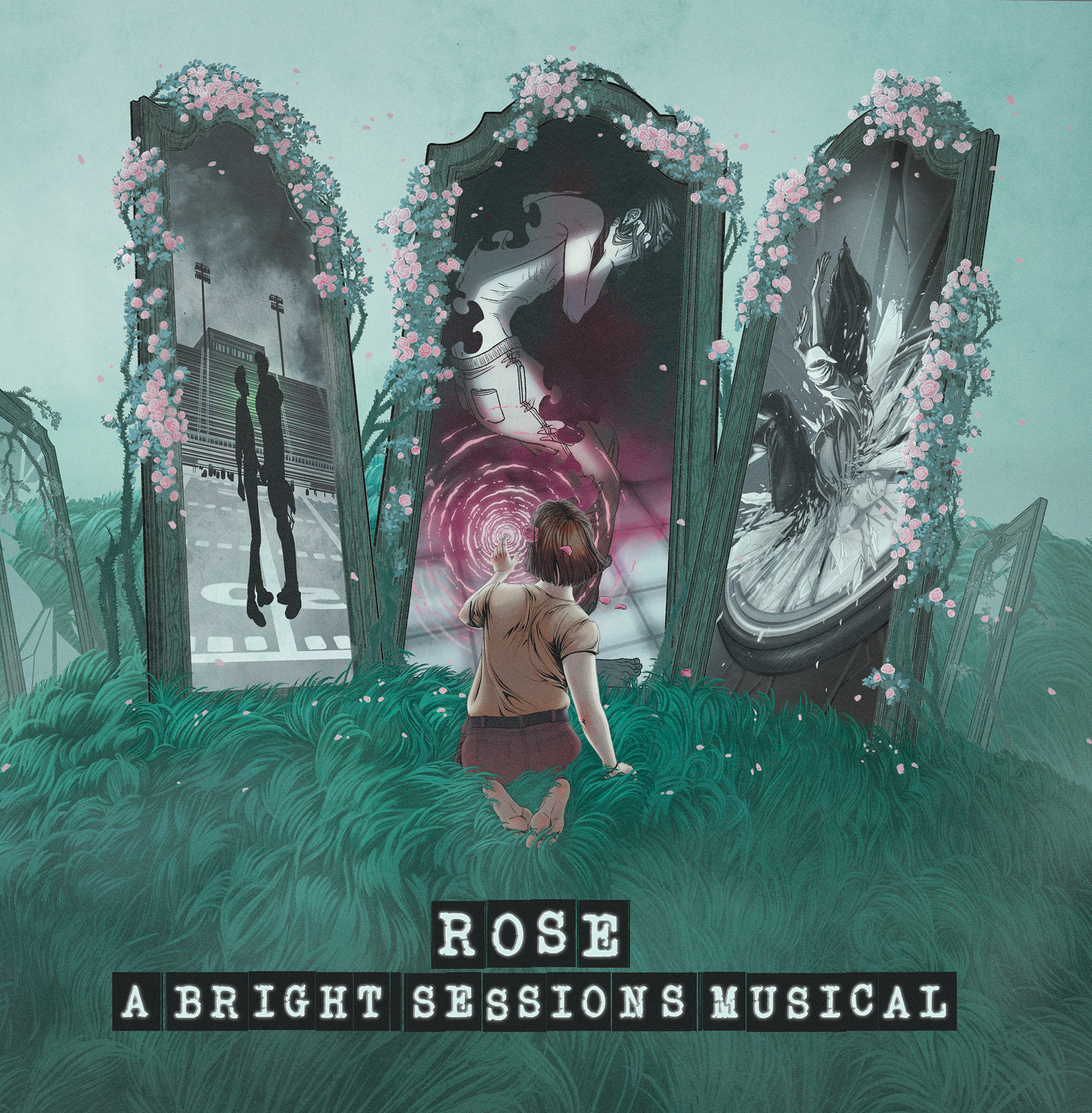 The front cover of the TBS Vinyl: Rose is sitting in a dreamy green/grey field in front of three mirrors--Caleb and Adam on a football field on the left, Mark with his head in his hands in the dark in the middle, and Sam falling into a clock face on the right. Rose is reaching for Mark's mirror; her finger making pink ripples on the surface. The text below reads: "Rose, a Bright Sessions Musical"