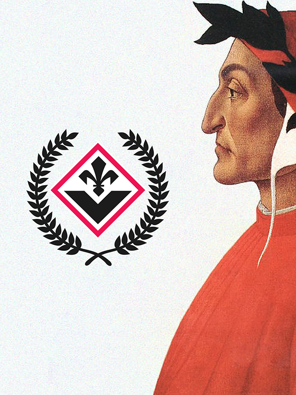 Fiorentina crest with laurel branches beside a Dante portrait