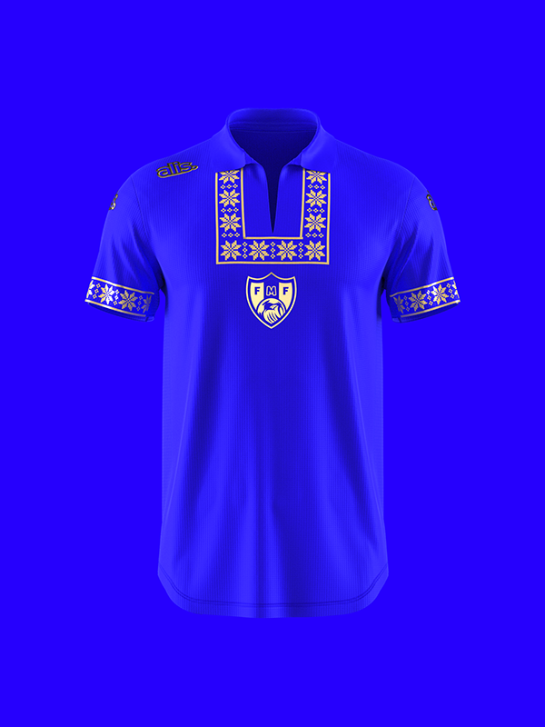 Blue Moldova shirt with matching geometric ornament