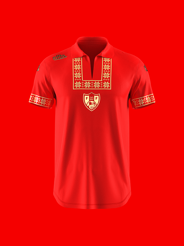 Red Moldova shirt with gold trim and centred crest
