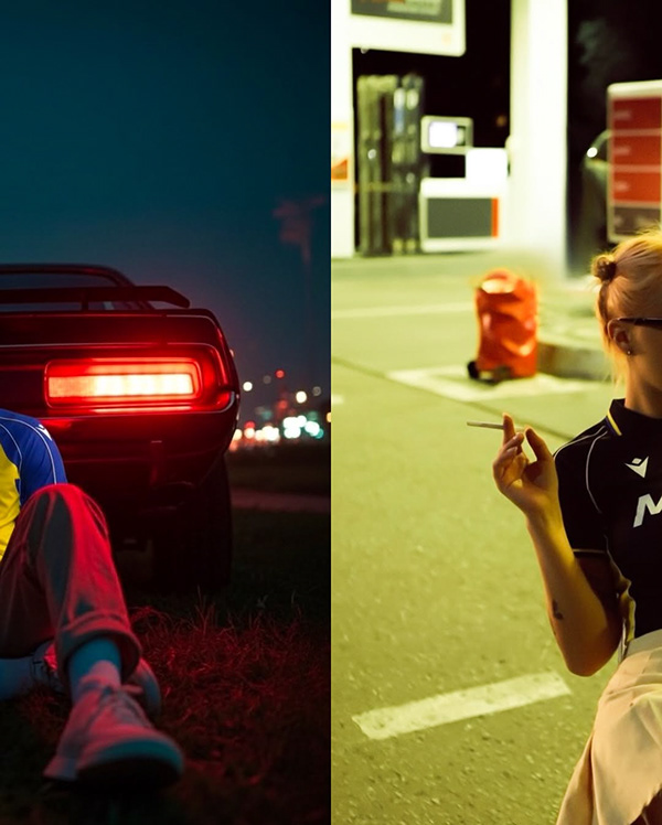 Campaign mockup beside a car with red tail lights