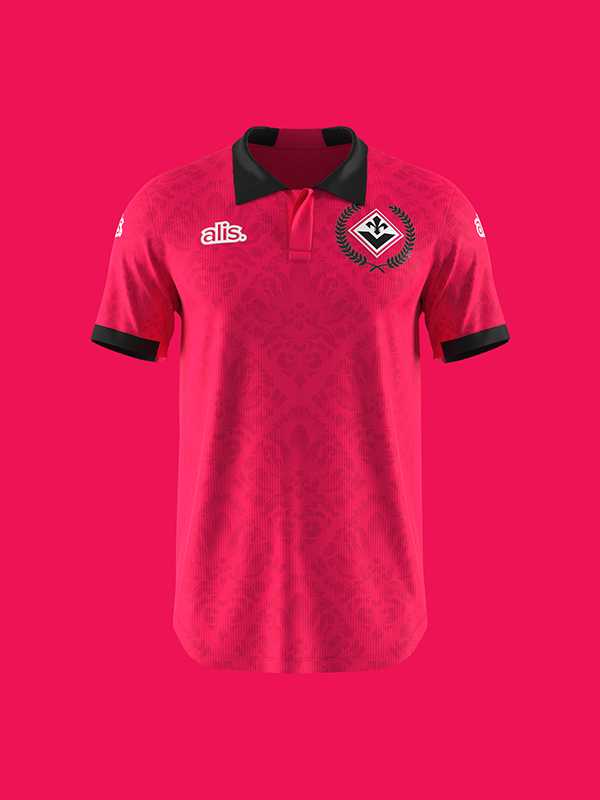 Red-pink shirt render with tonal ornament and black trim