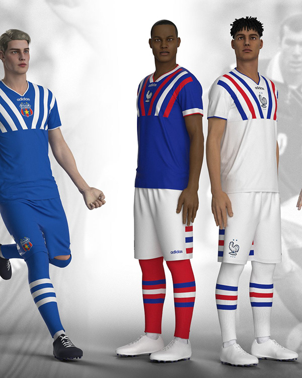 Three national-team colour variations of the stripe system