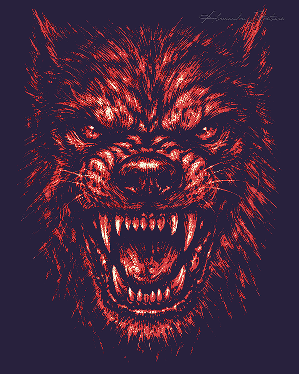 Standalone red snarling-dog artwork on a dark background
