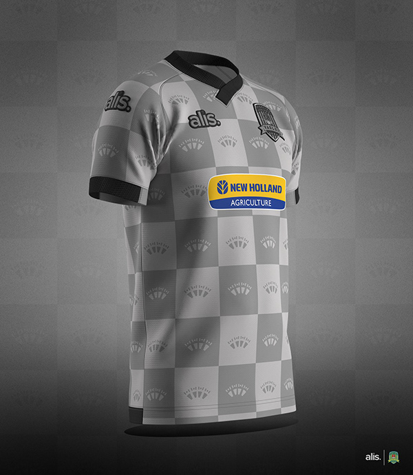 Digital shirt render with grey checks and sponsor placement