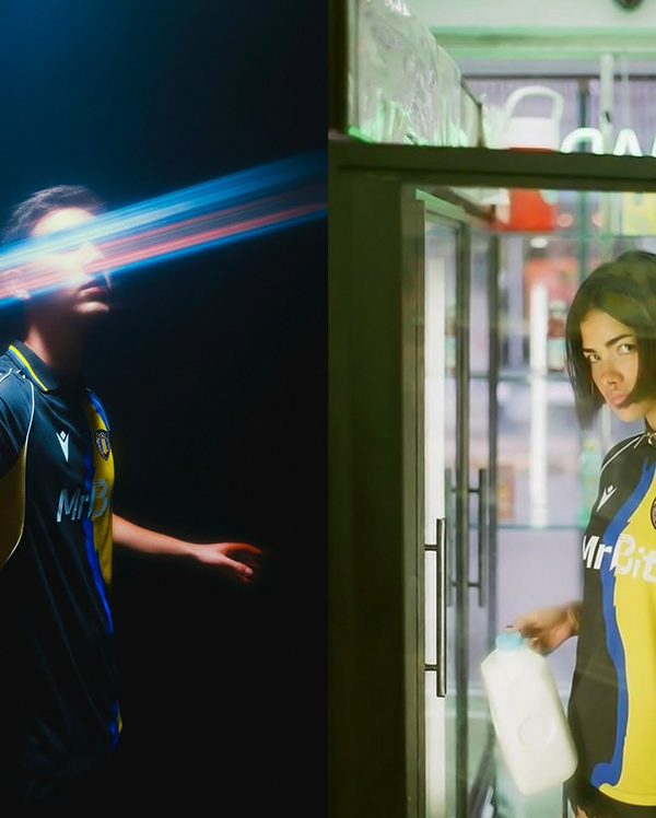 Night-time campaign mockup with blue and yellow shirt