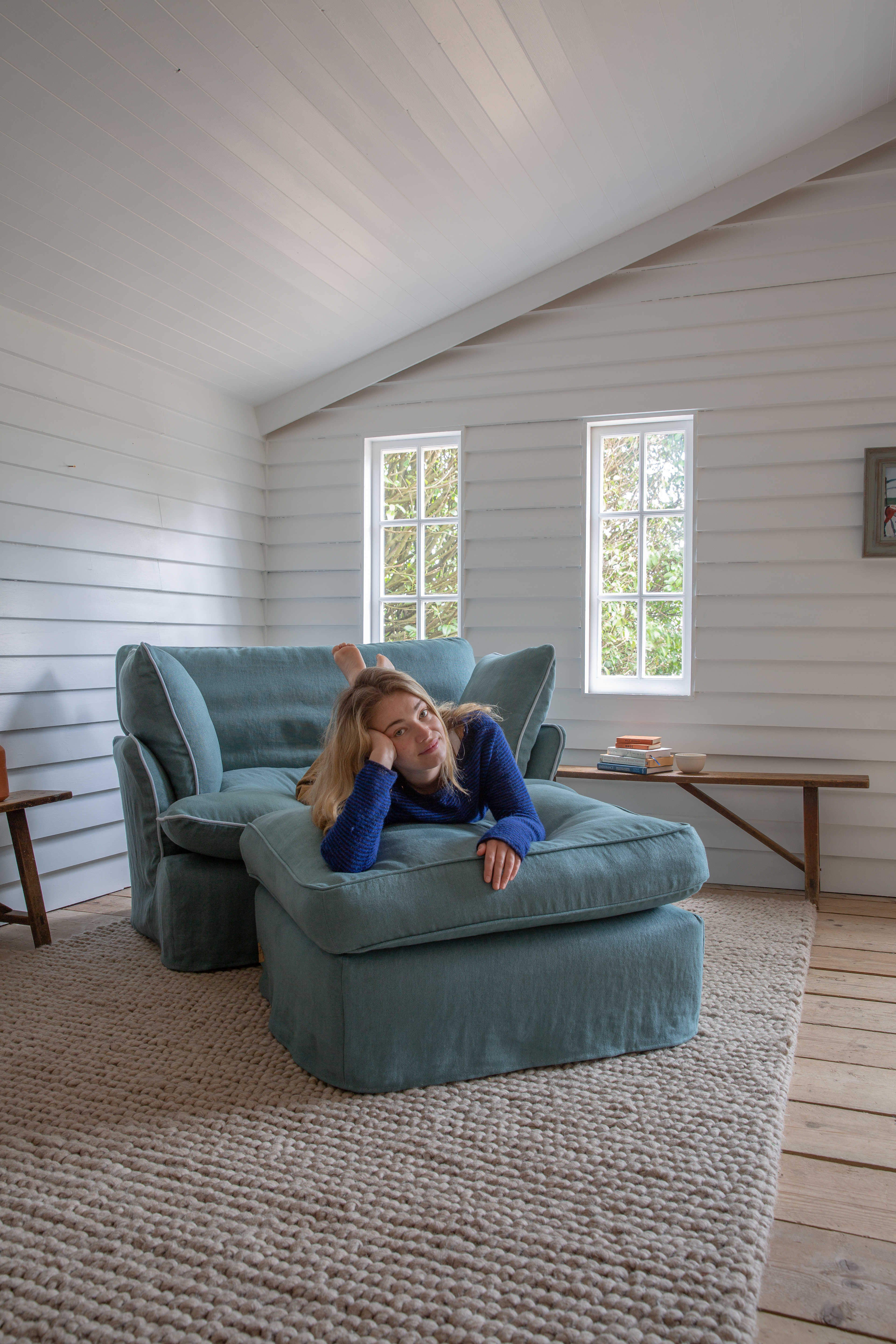 Amazonite/Aquamarine 100% Linen - Marnie Contrast Piped Love Seat & Footstool