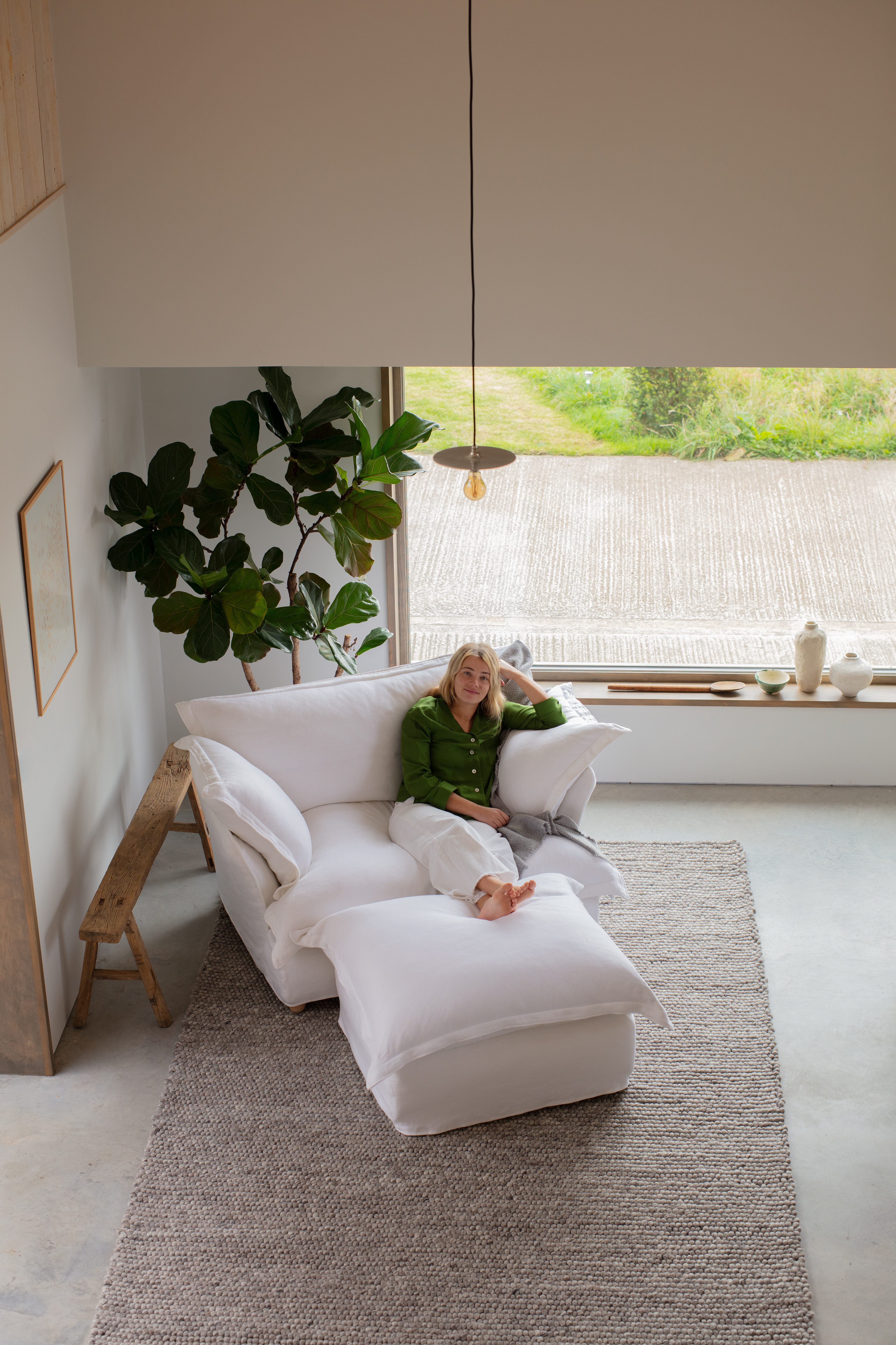 Selenite 100% Linen - Song Pillow Edge Love Seat & Footstool