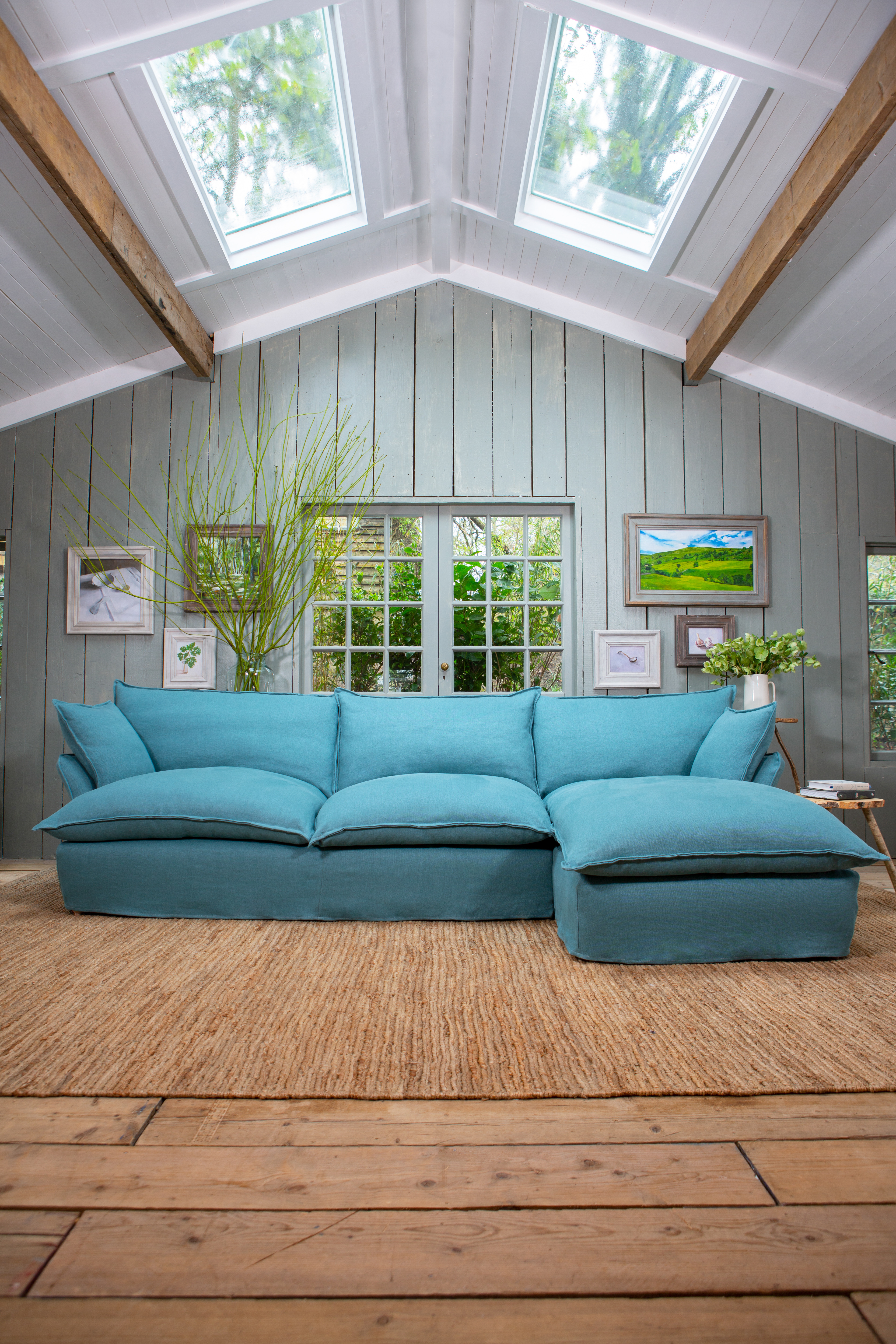 Amazonite 100% Linen - Song Short Pillow Edge Large Chaise Sofa