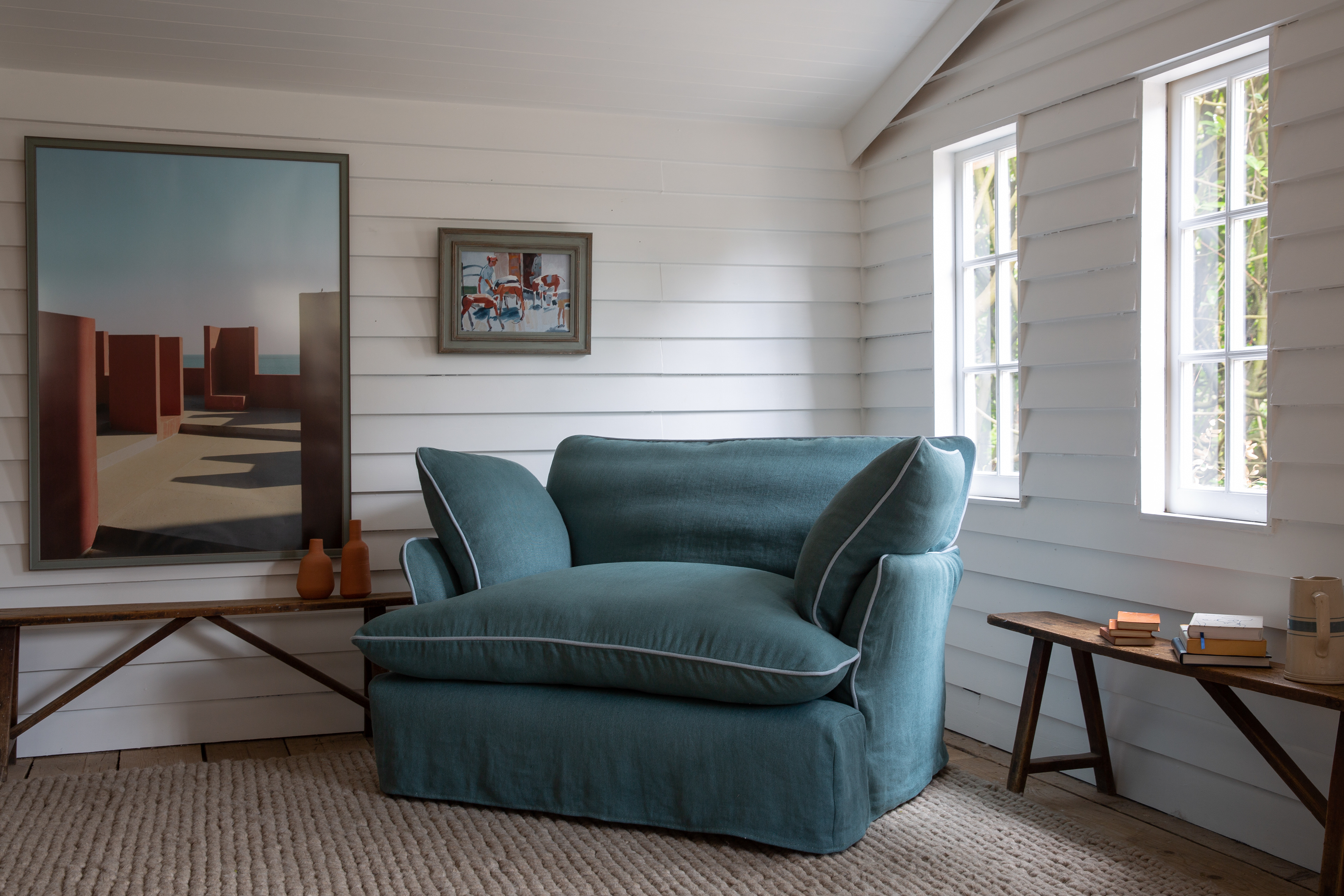 Amazonite/Aquamarine 100% Linen - Marnie Contrast Piped Love Seat