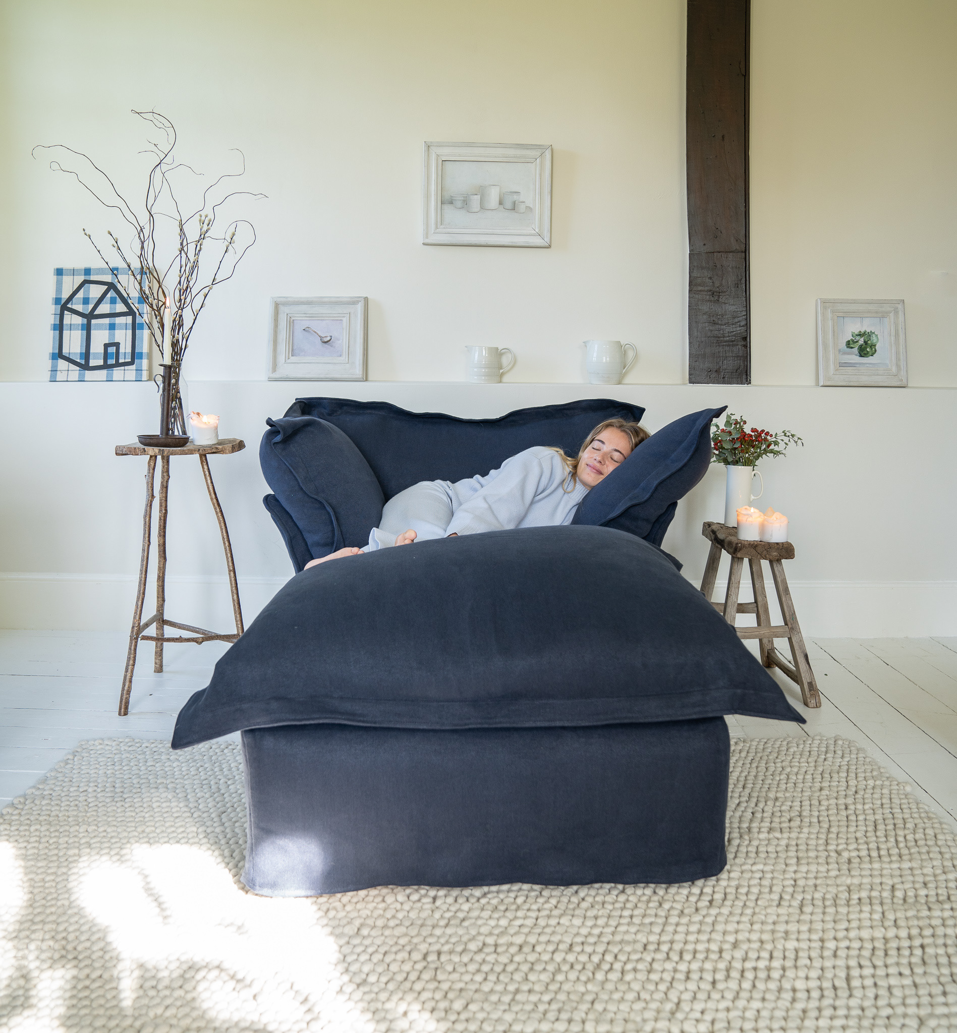 Obsidian 100% Linen - Song Pillow Edge Armchair & Footstool