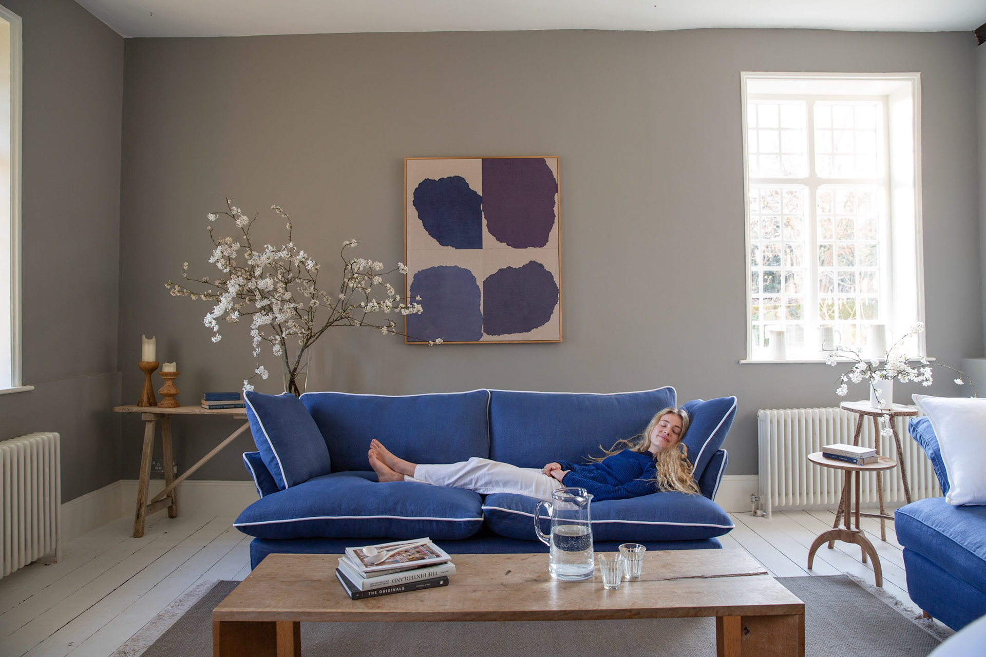 Sapphire/Selenite 100% Linen Marnie Contrast Piped Sofa