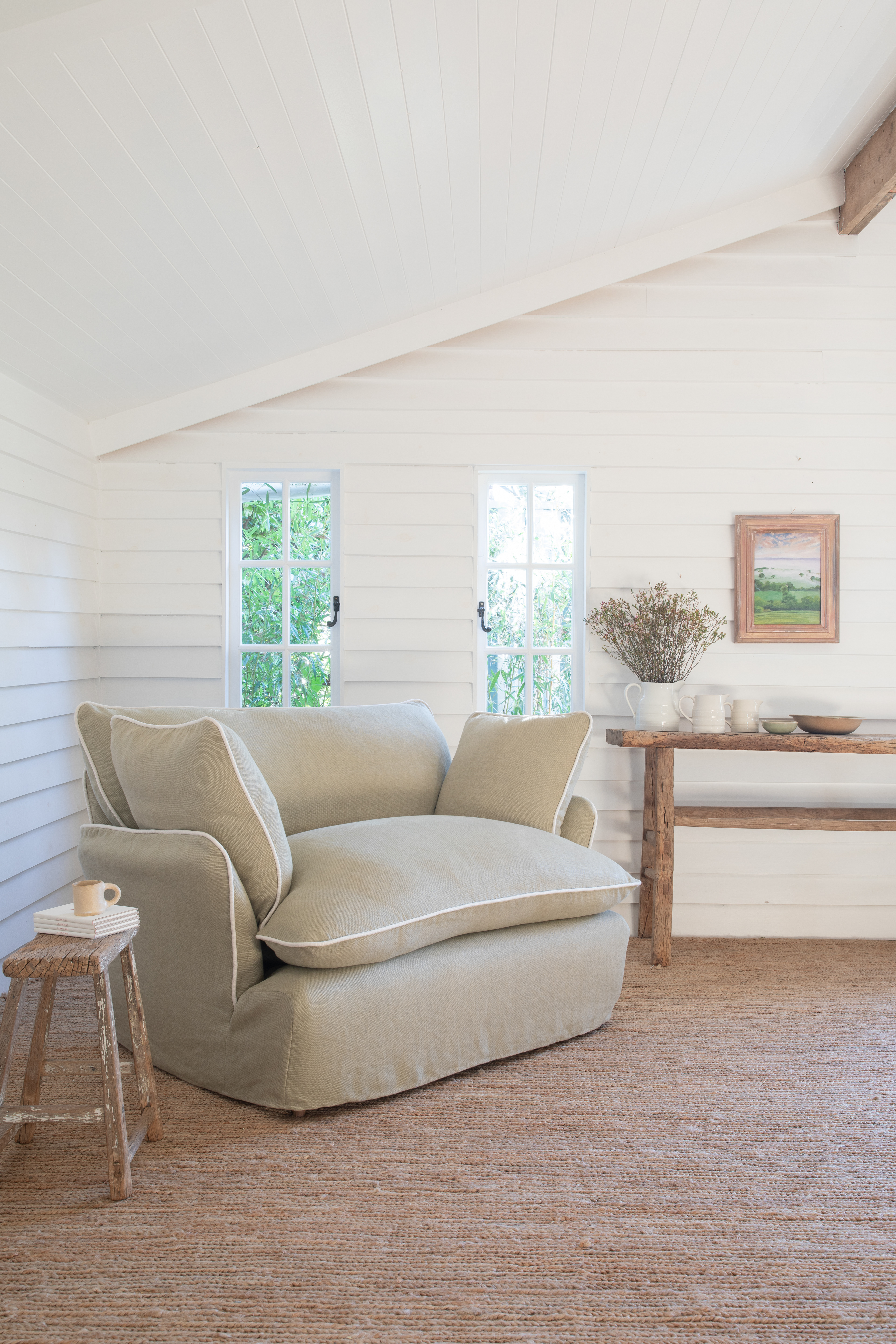 Jasper/Moonstone 100% Linen - Marnie Contrast Piped Love Seat