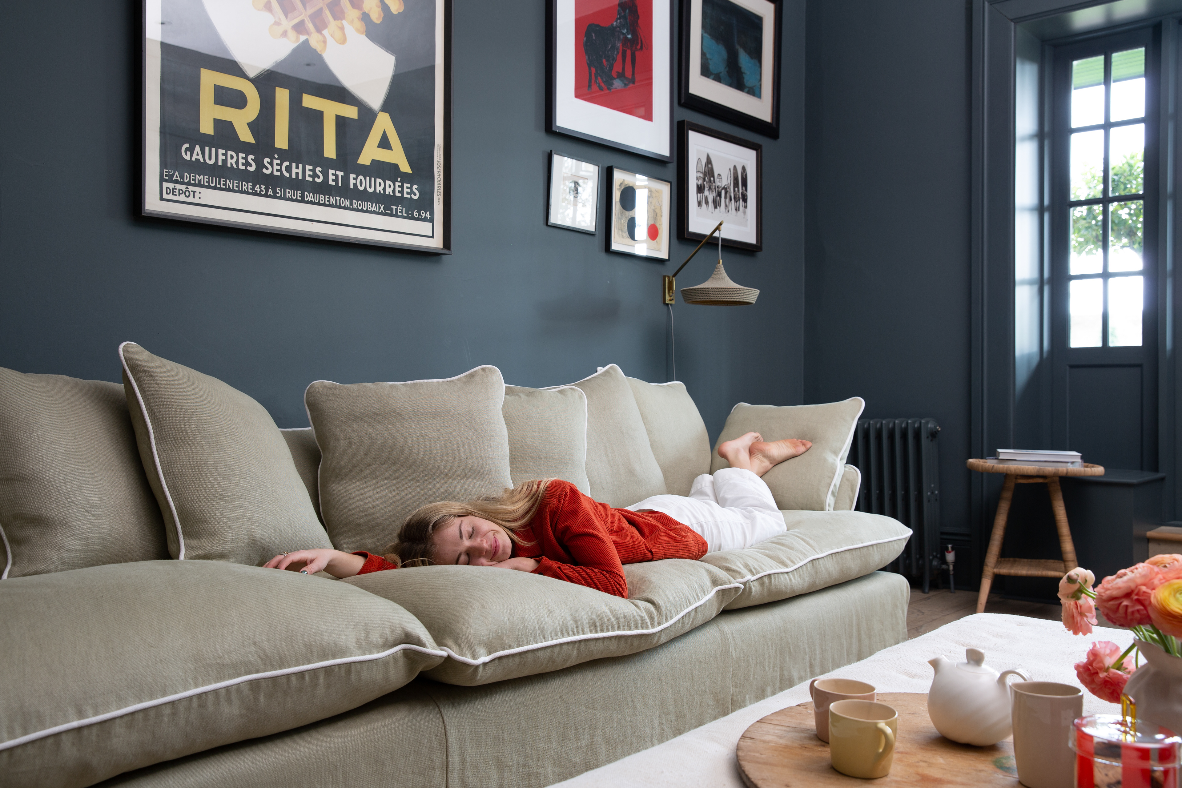 Jasper/Moonstone 100% Linen - Marnie Contrast Piped Large Sofa