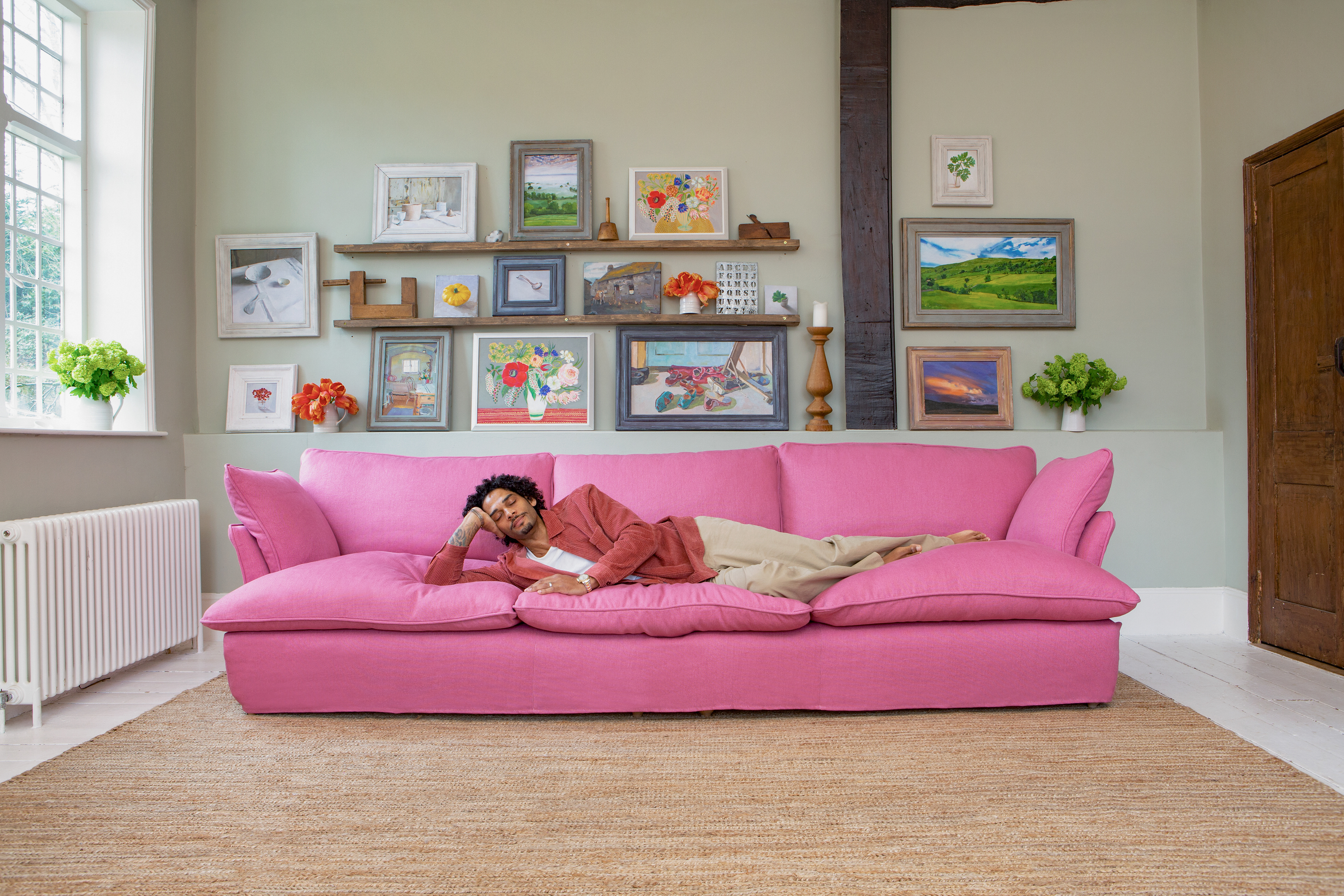 Rose Quartz 100% Linen - Marnie Piped Edge Large Sofa