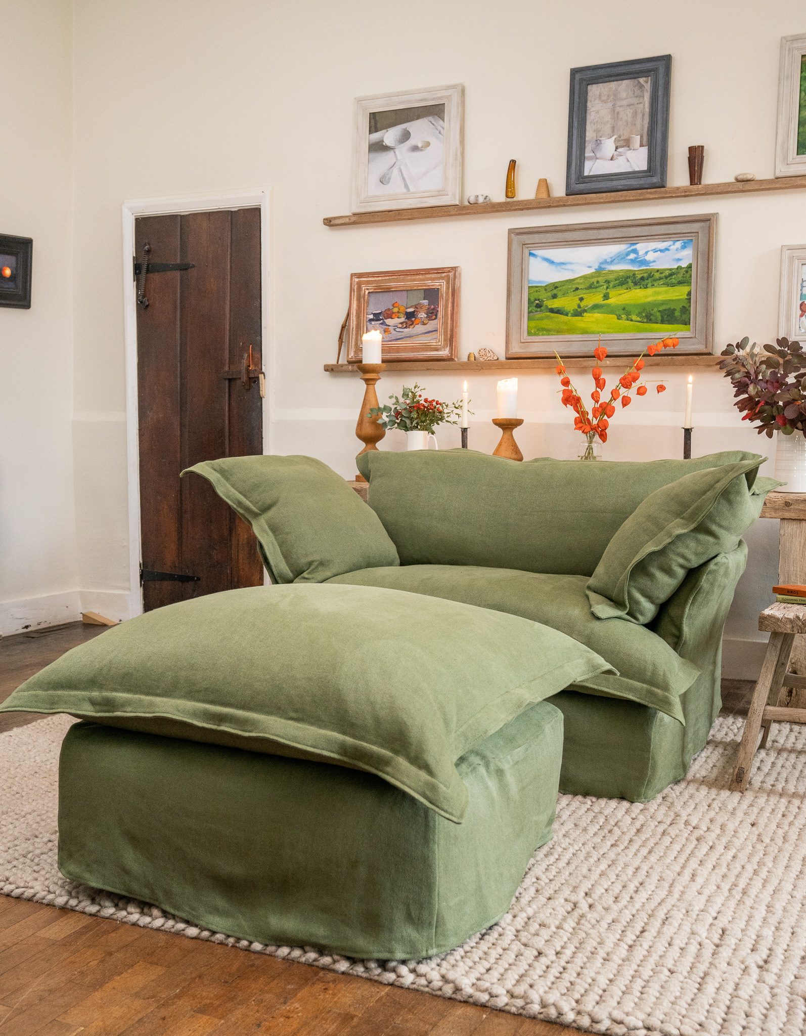 Malachite 100% Linen - Song Pillow Edge Love Seat