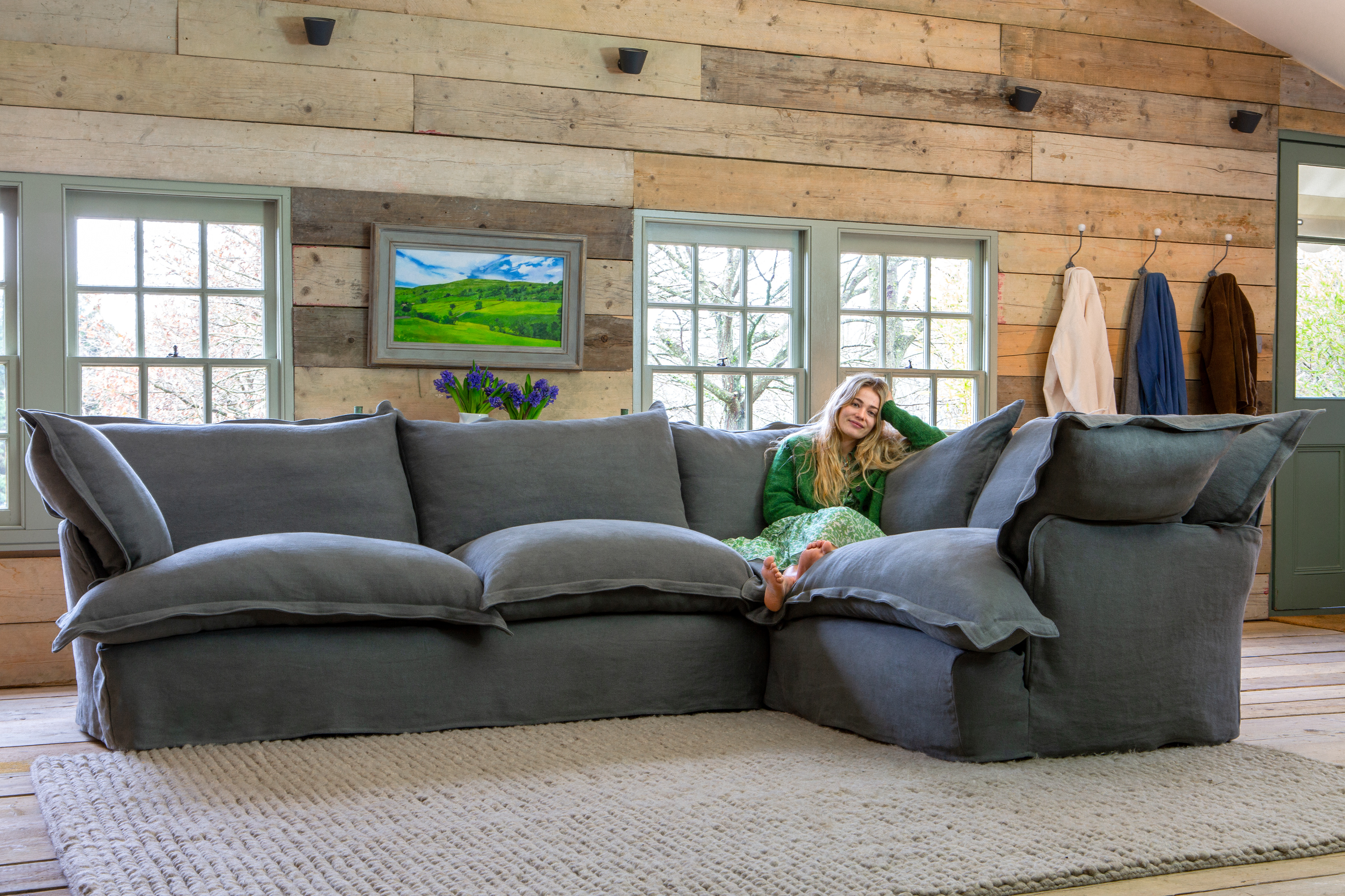 Graphite 100% Linen - Song Pillow Edge 3x2 Corner Sofa
