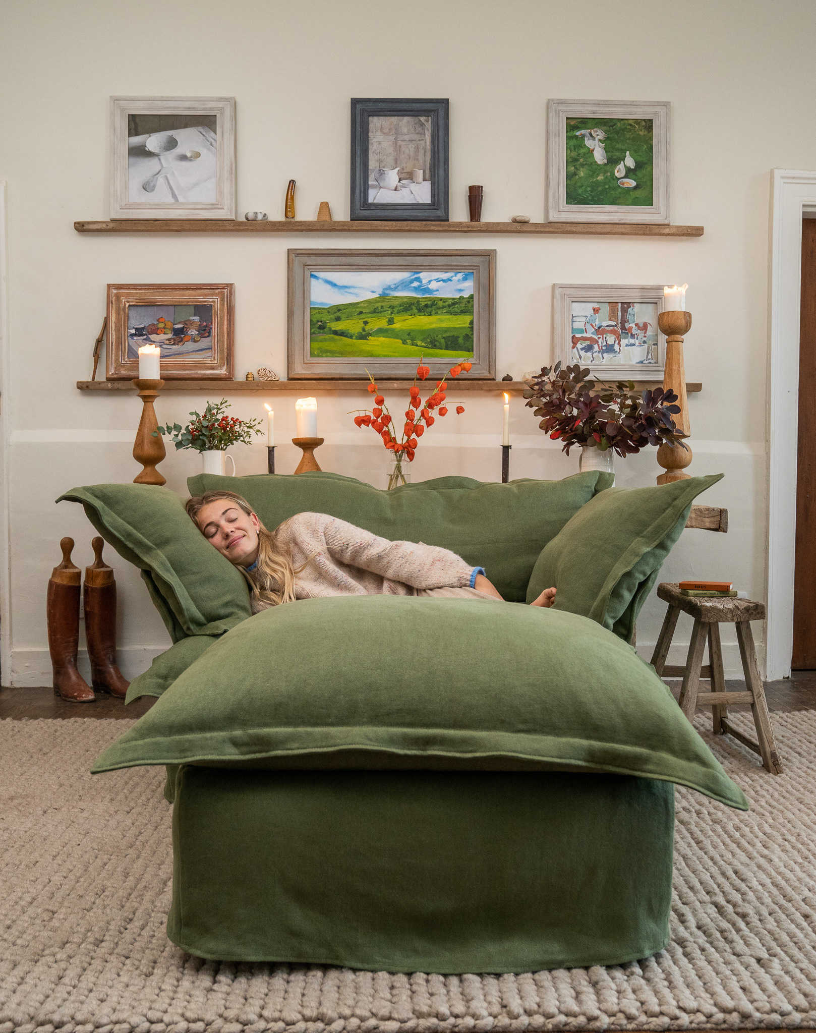 Malachite 100% Linen - Song Pillow Edge Love Seat & Footstool