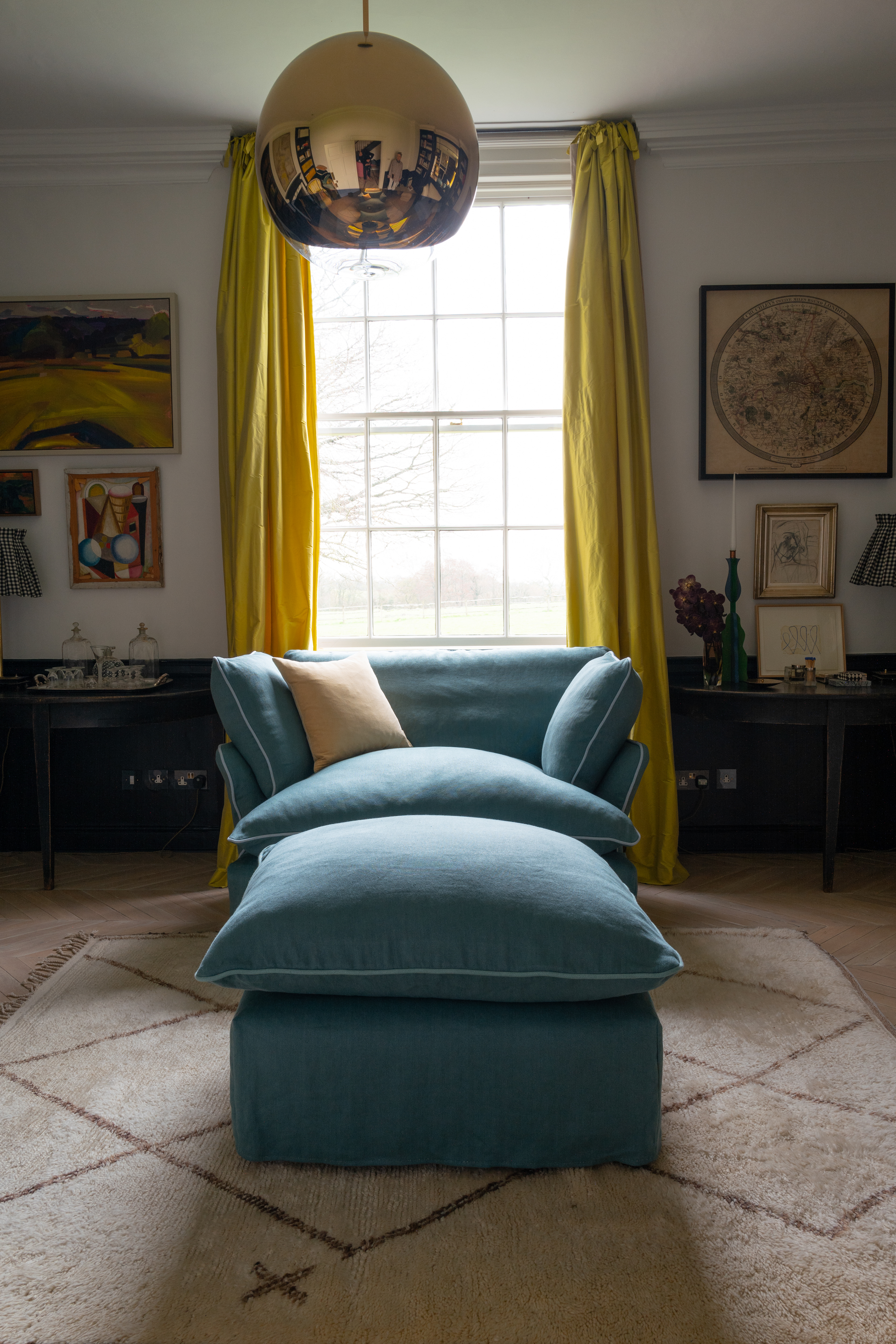 Amazonite/Aquamarine 100% Linen - Marnie Contrast Piped Love Seat & Footstool