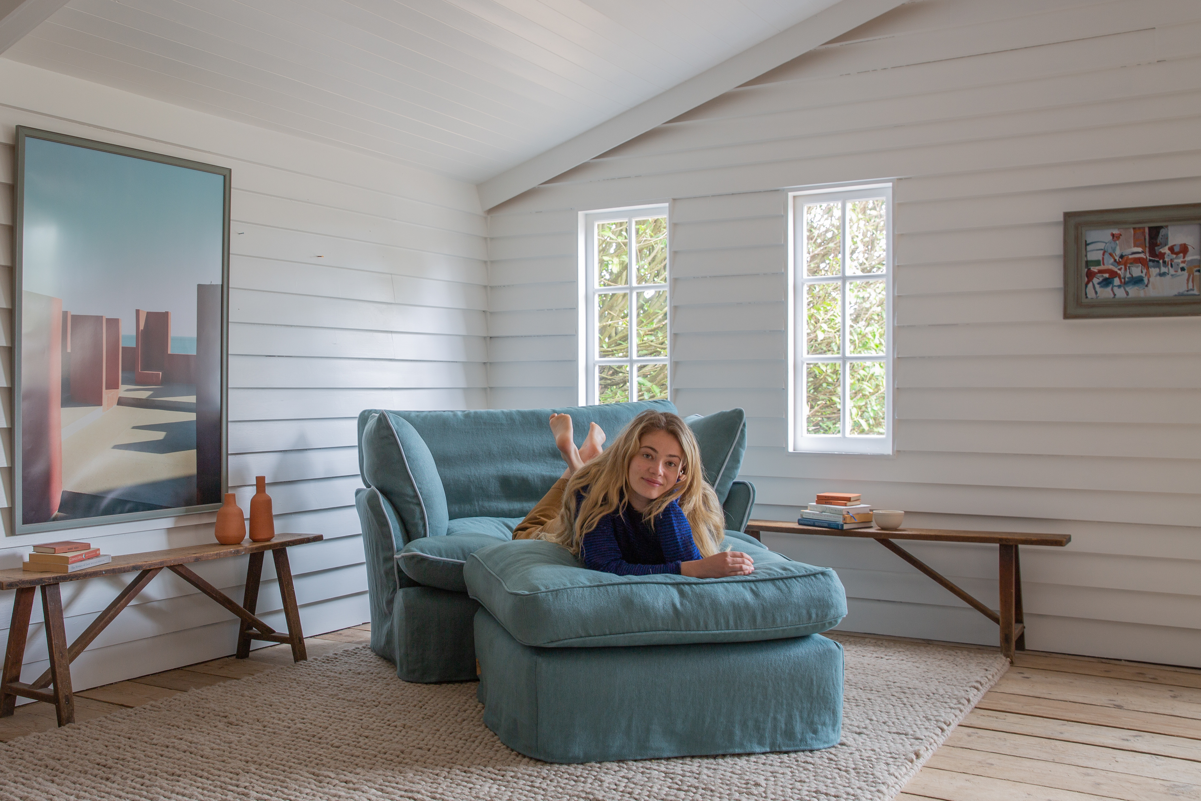 Amazonite/Aquamarine 100% Linen - Marnie Contrast Piped Love Seat & Footstool