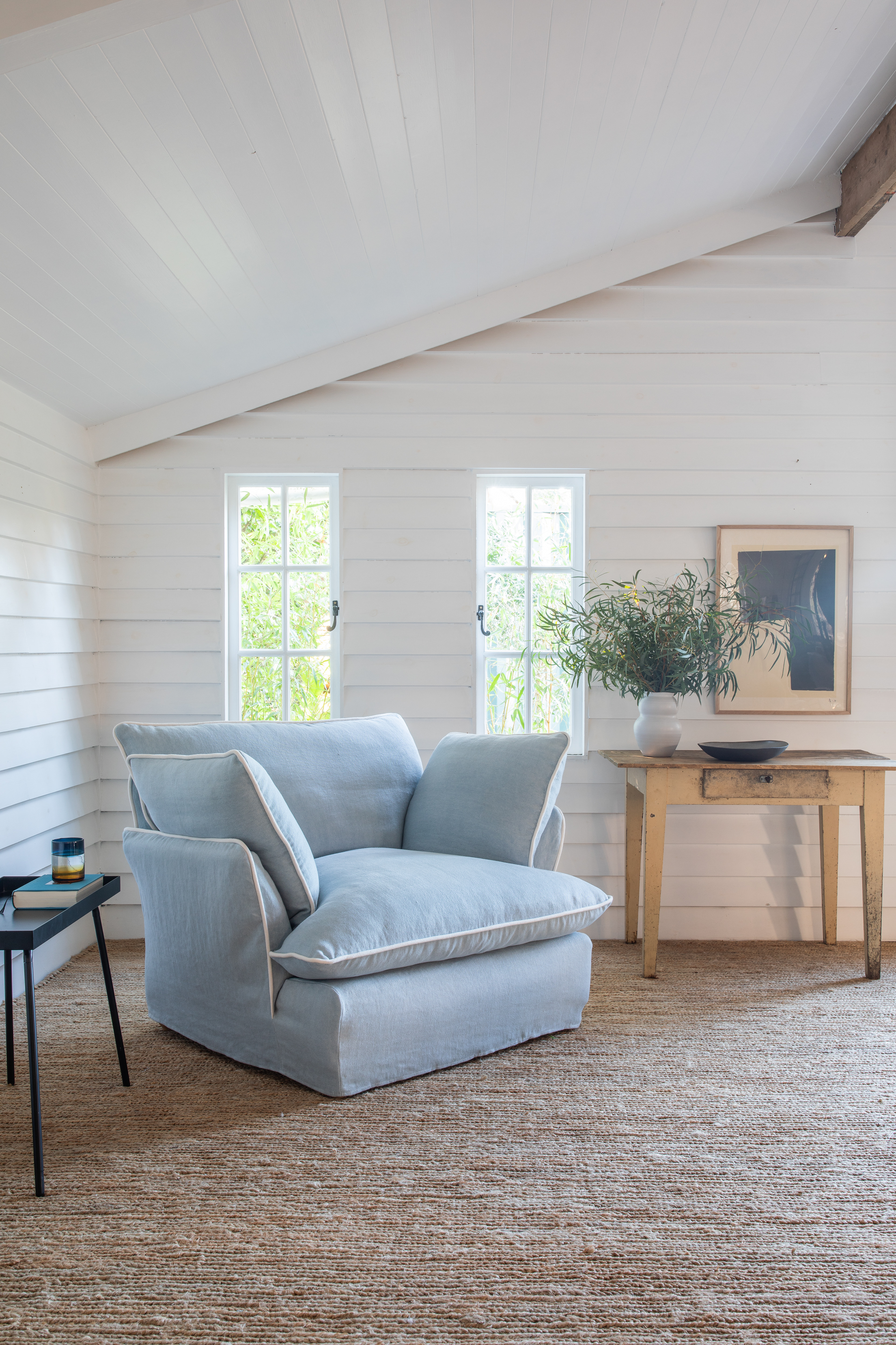 Aquamarine/Moonstone 100% Linen - Marnie Contrast Piped Armchair