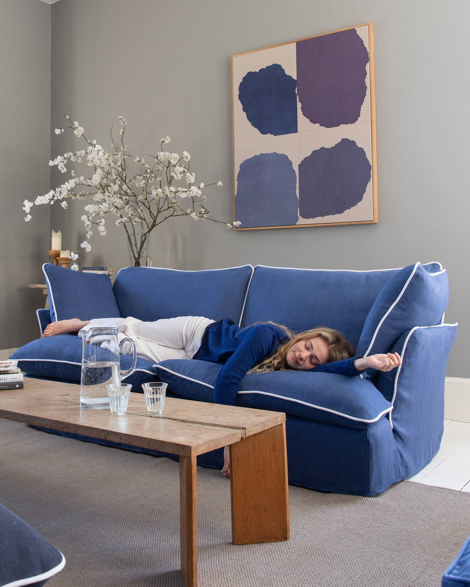 Sapphire/Selenite 100% Linen Marnie Contrast Piped Sofa