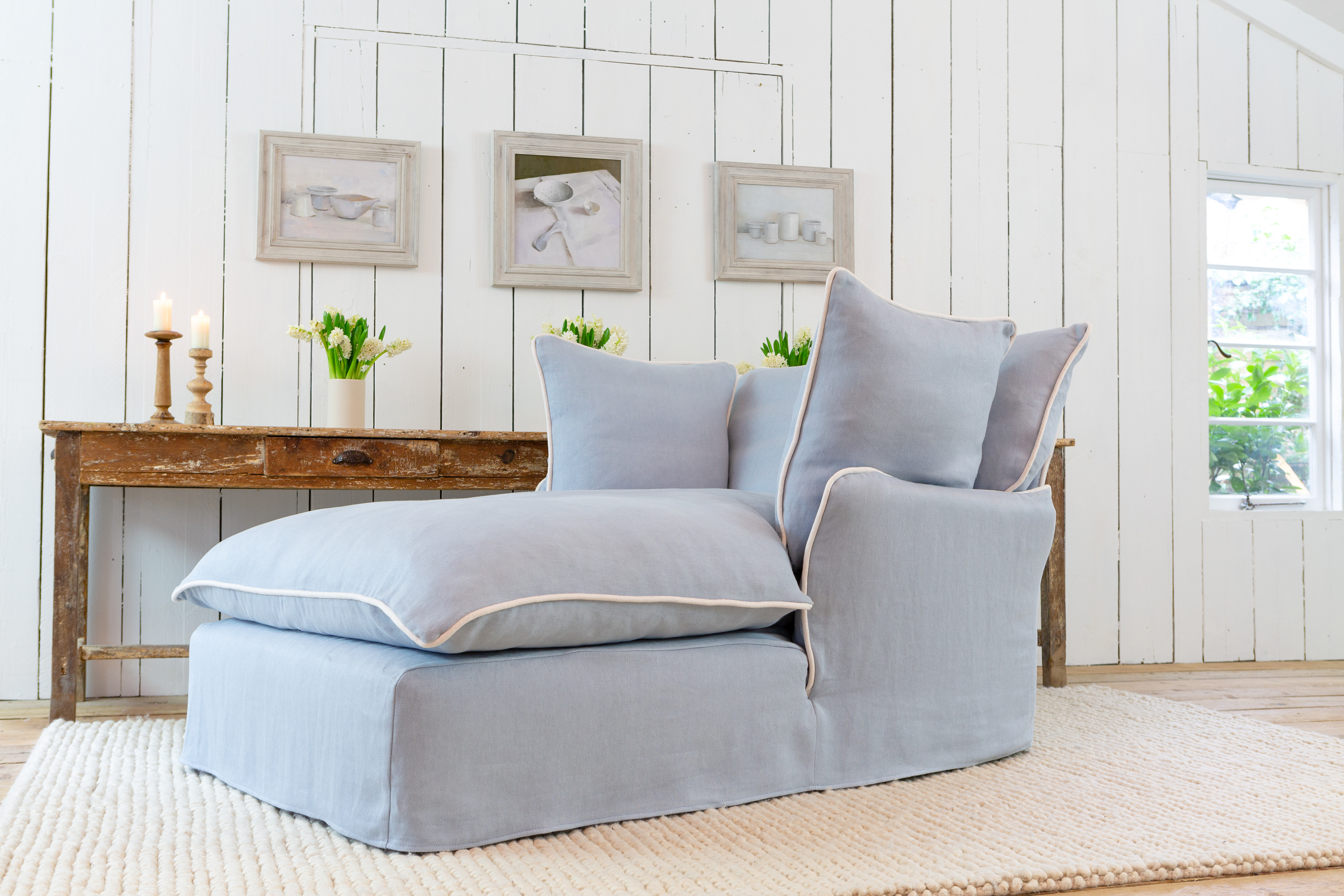 Aquamarine/Moonstone 100% Linen - Marnie Contrast Piped Armchair Chaise (Coming to US and Aus in 2022)