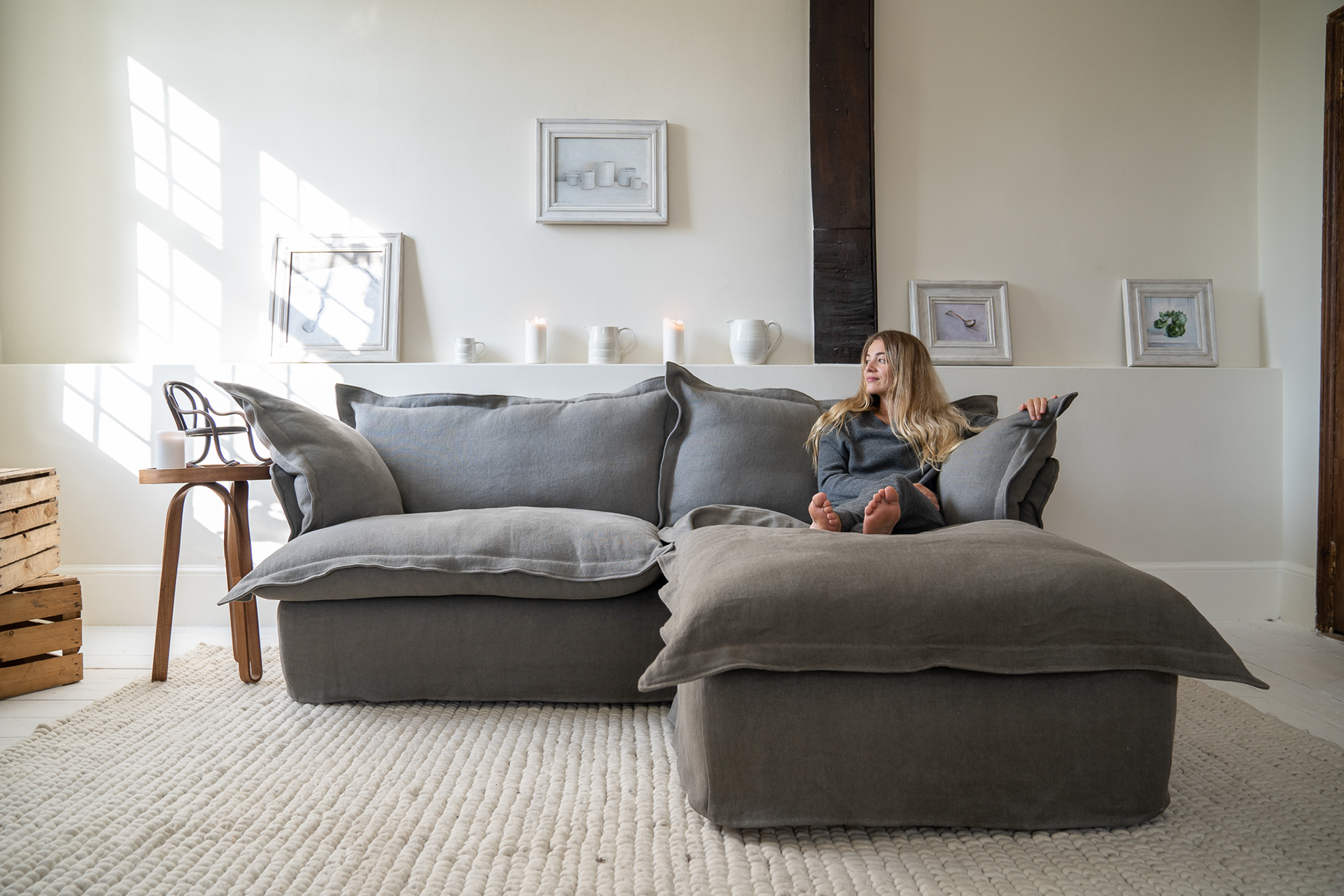 Morion 100% Linen - Song Pillow Edge Sofa & Footstool