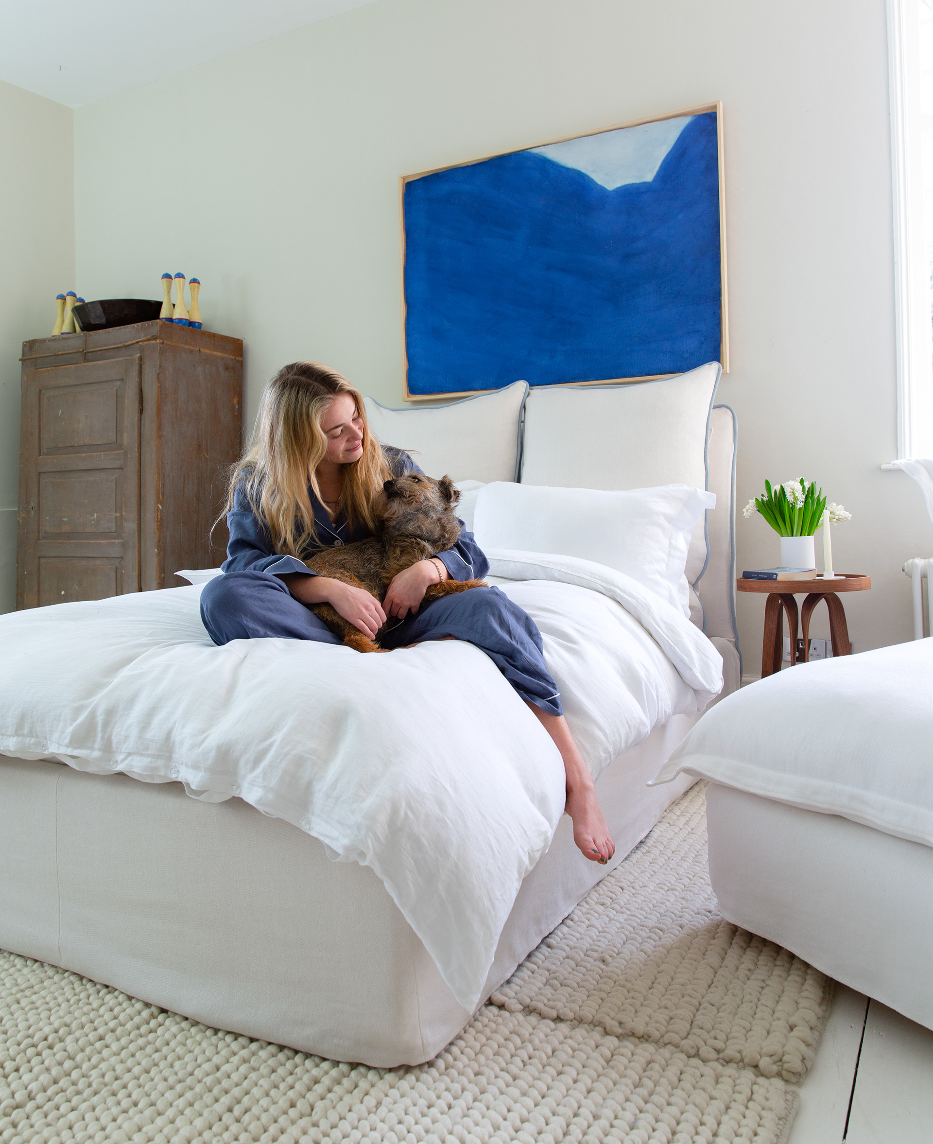 Moonstone/Aquamarine 100% Linen - Marnie Piped Contrast Double Bed