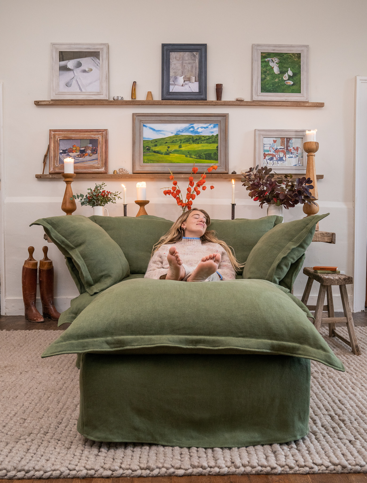 Malachite 100% Linen - Song Pillow Edge Love Seat & Footstool