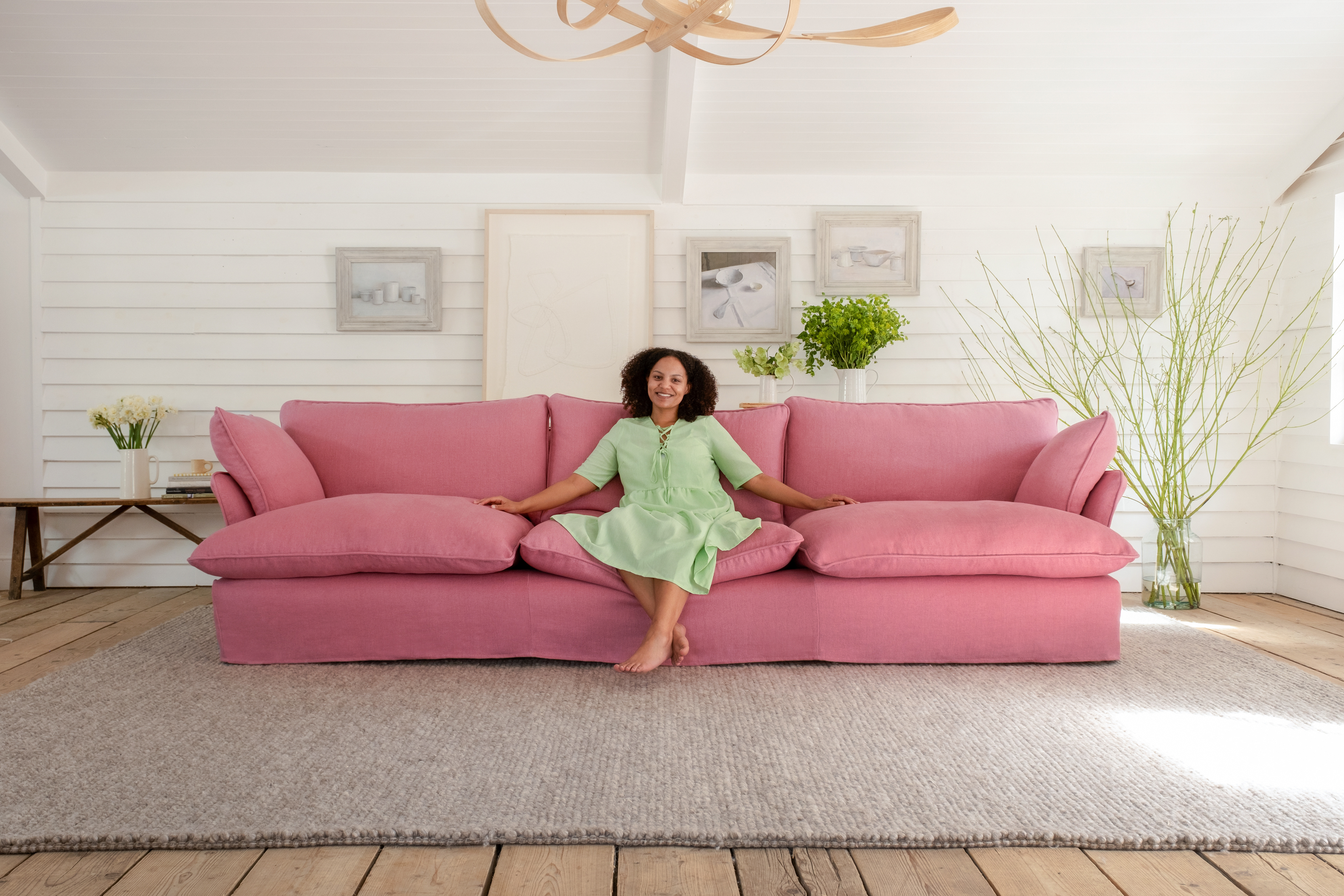 Rose Quartz 100% Linen - Marnie Piped Edge Large Sofa